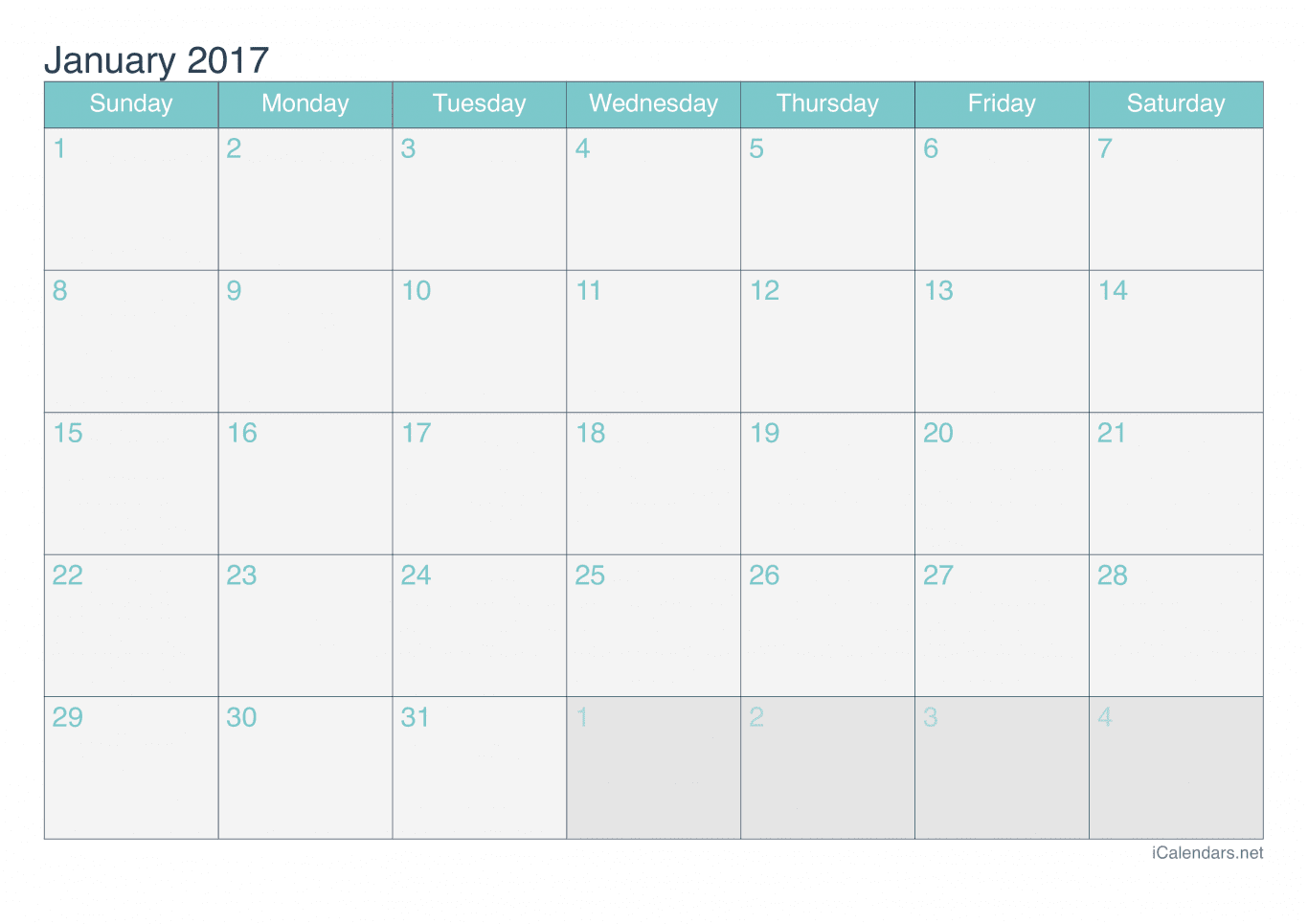 2017 January Calendar - Turquoise