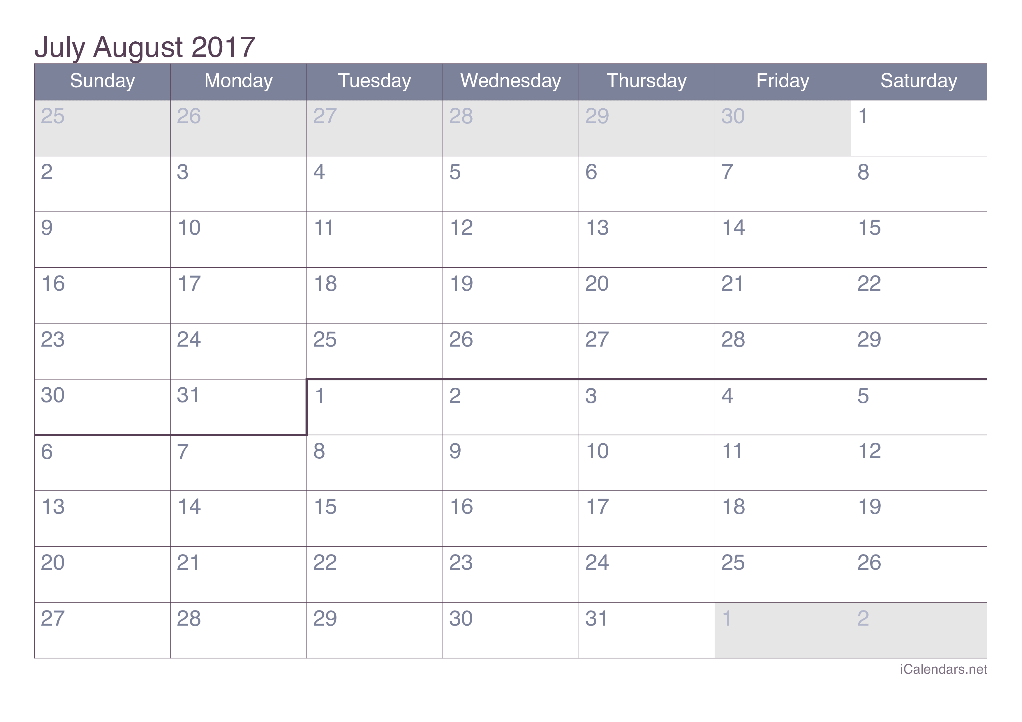2017 July August Calendar - Office