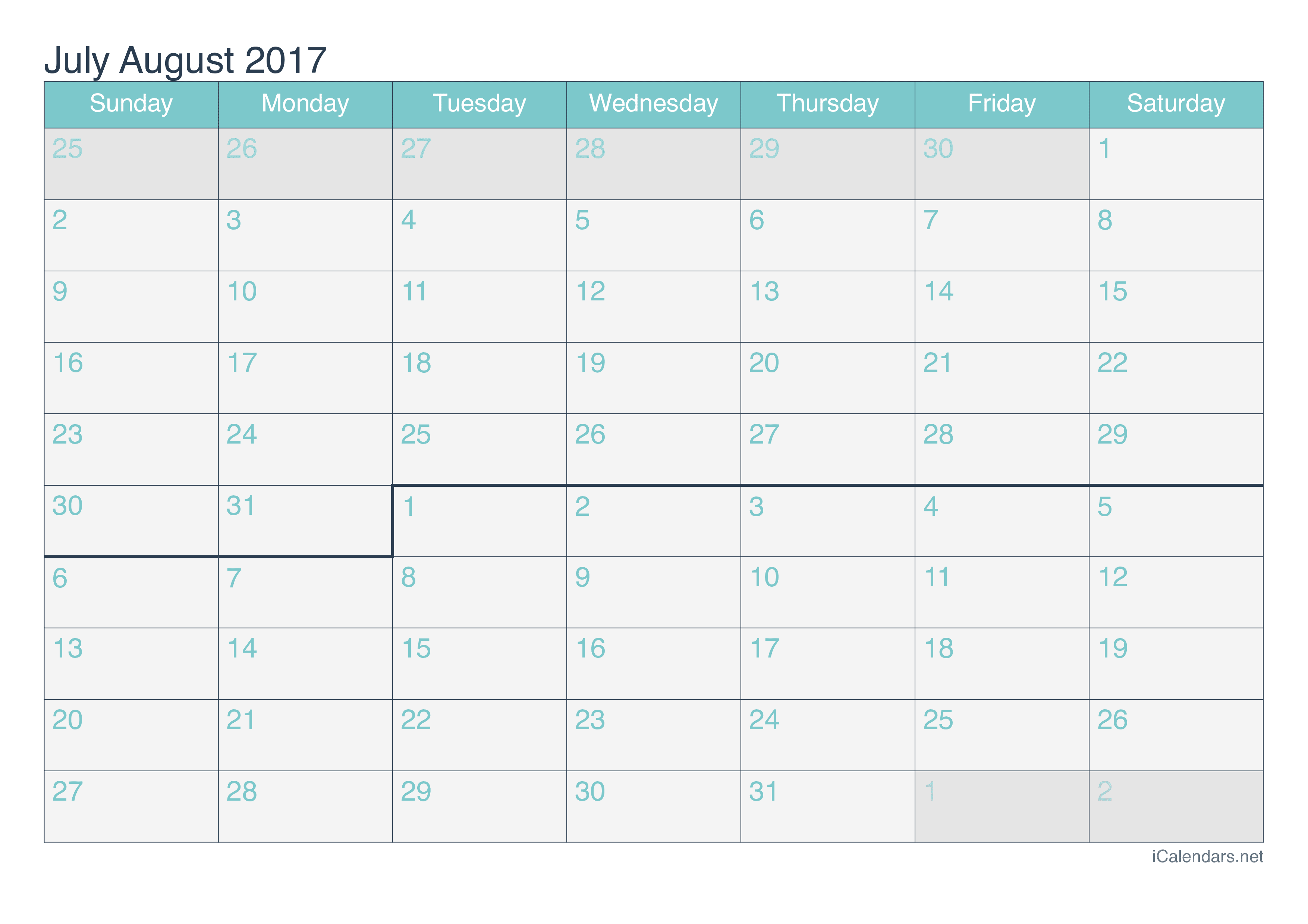2017 July August Calendar - Turquoise