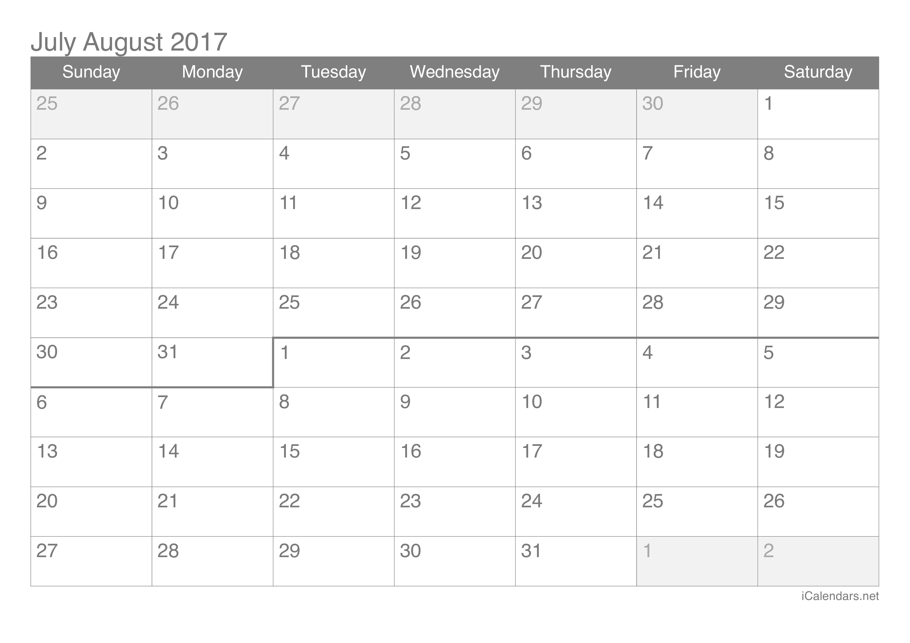 2017 July August Calendar