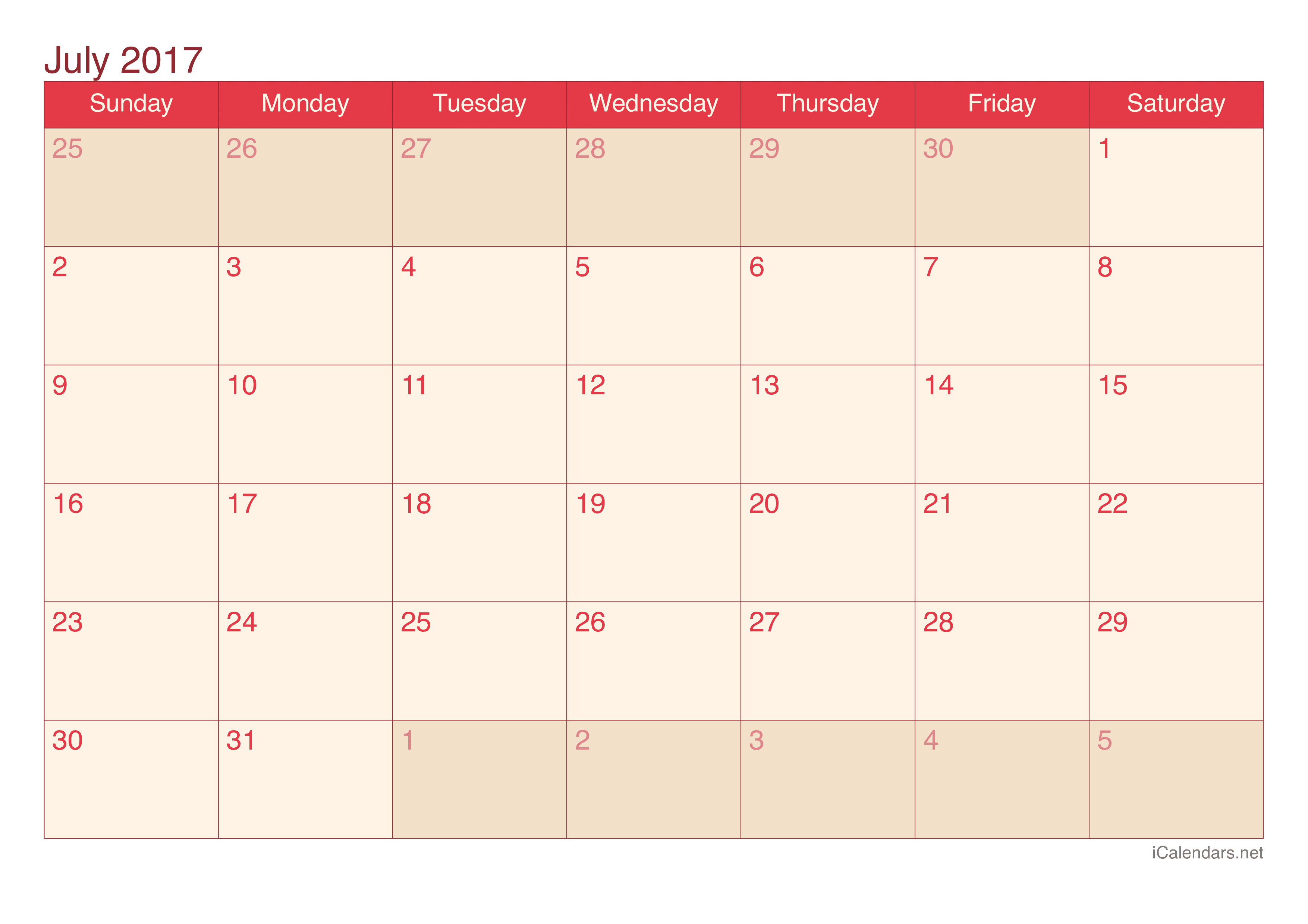 2017 July Calendar - Cherry
