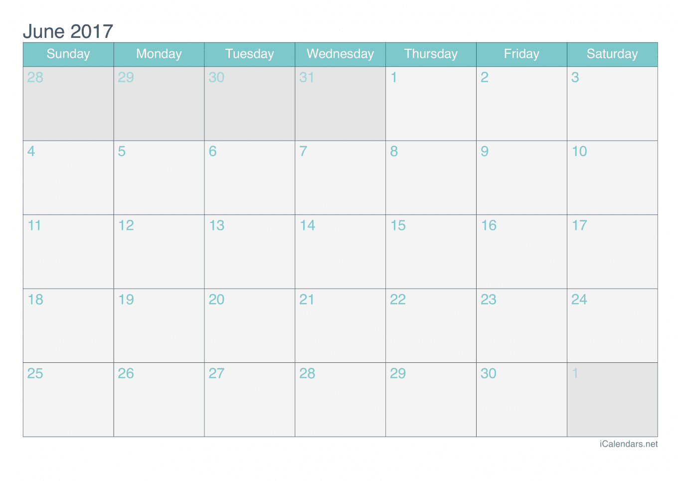 2017 June Calendar - Turquoise