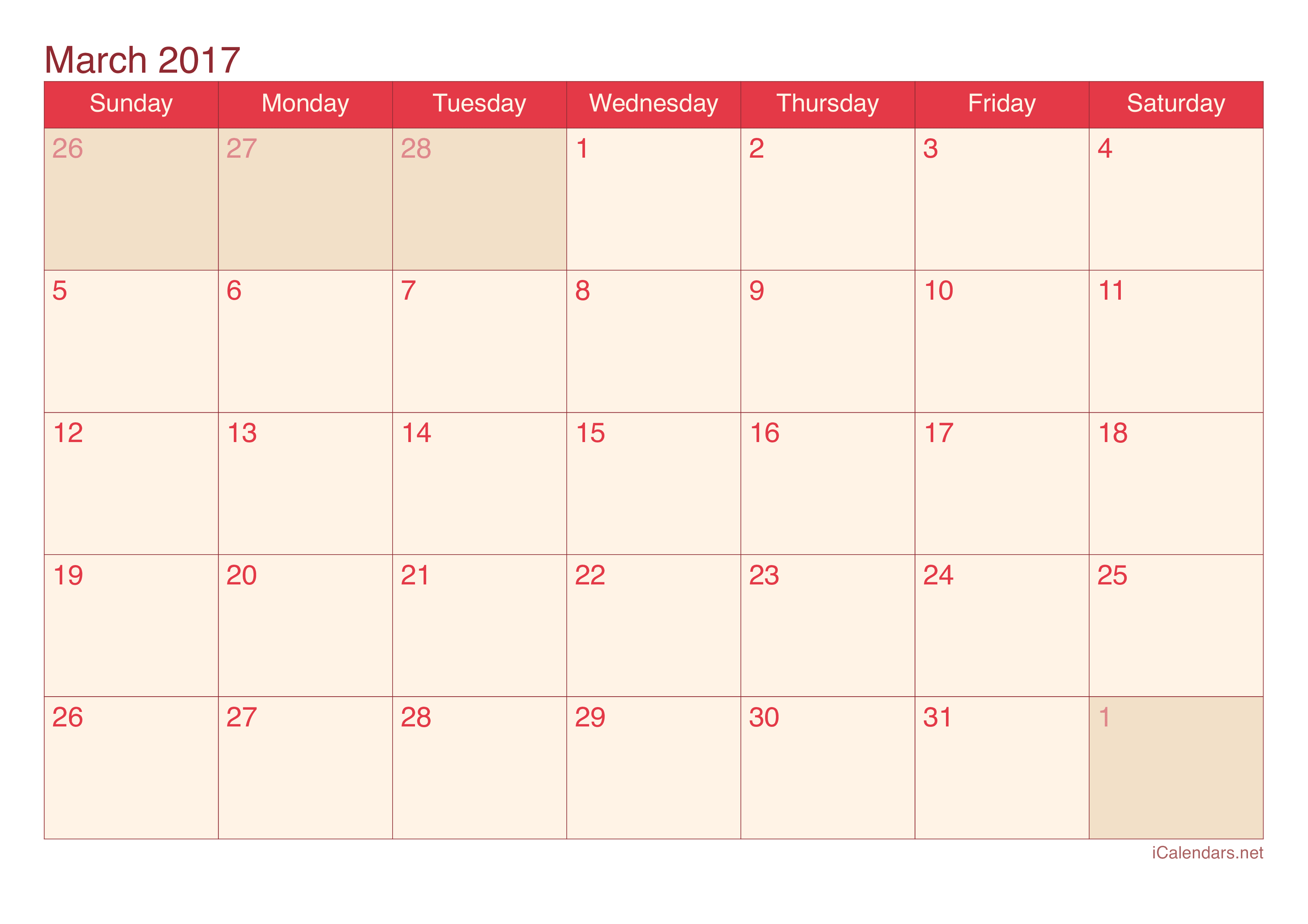 2017 March Calendar - Cherry
