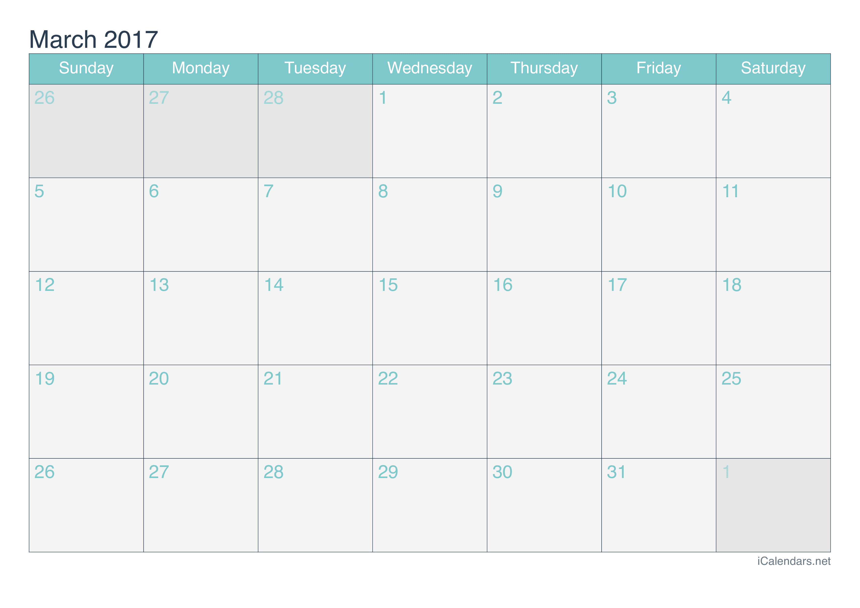 2017 March Calendar - Turquoise