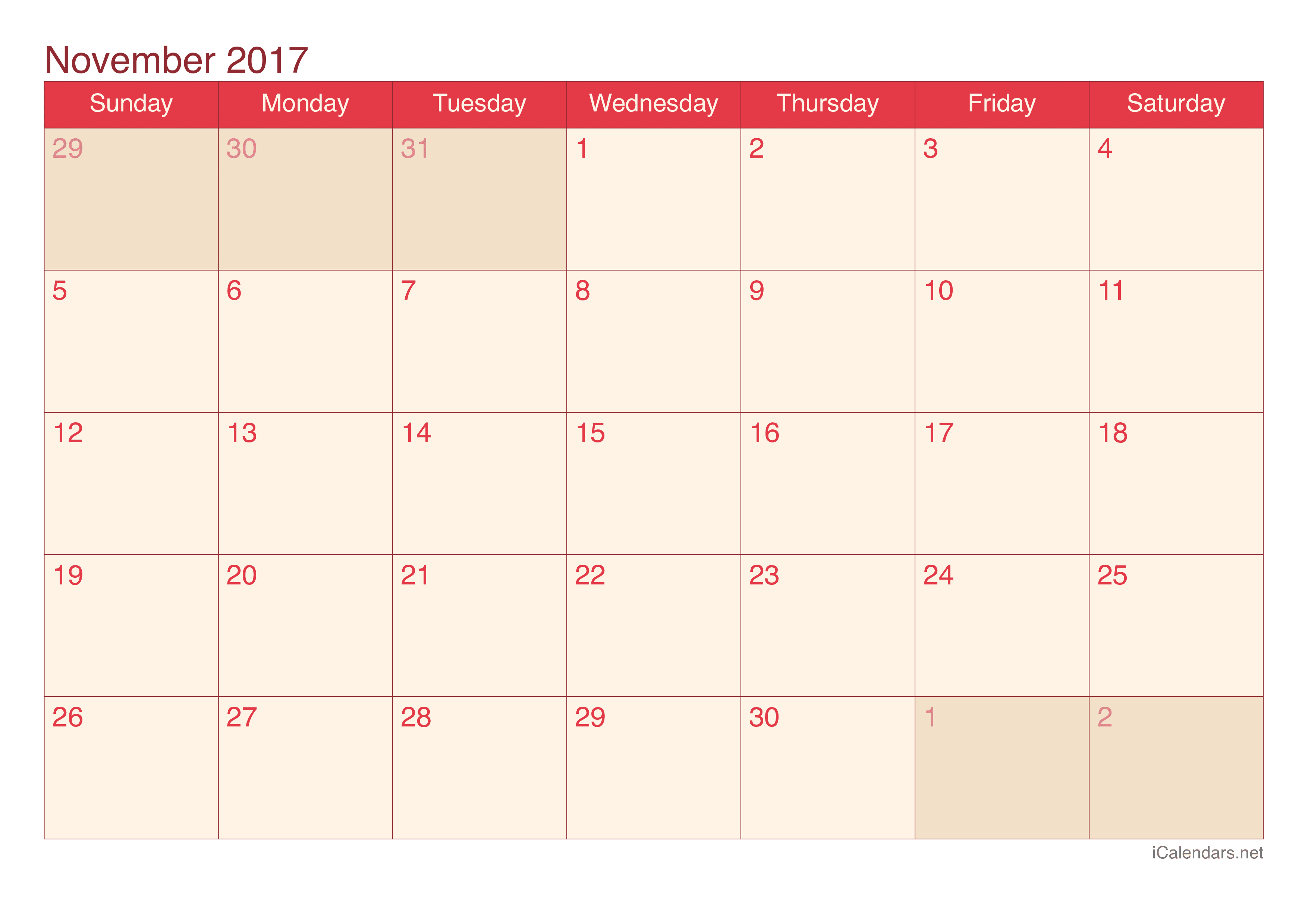 2017 November Calendar - Cherry