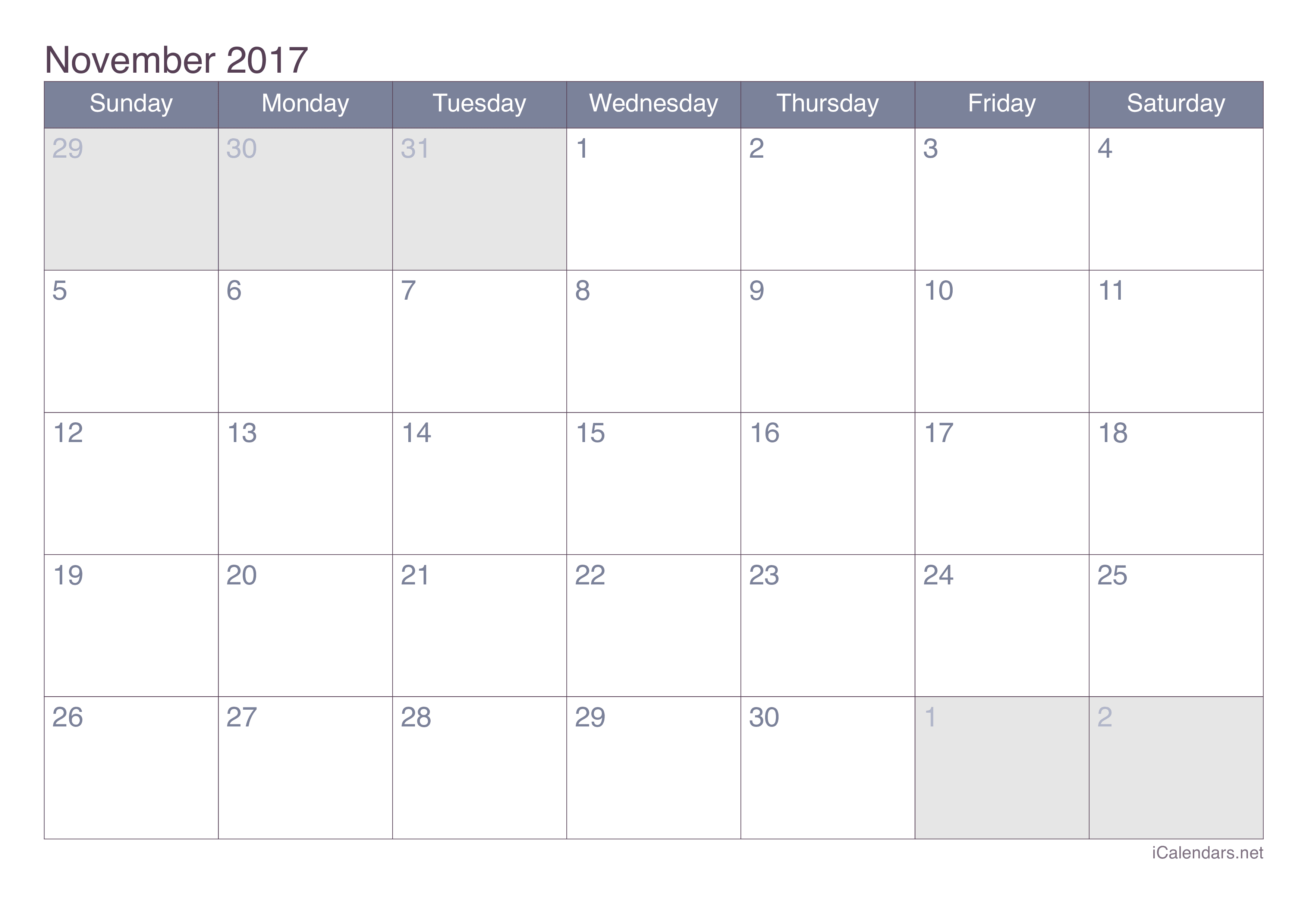 2017 November Calendar - Office