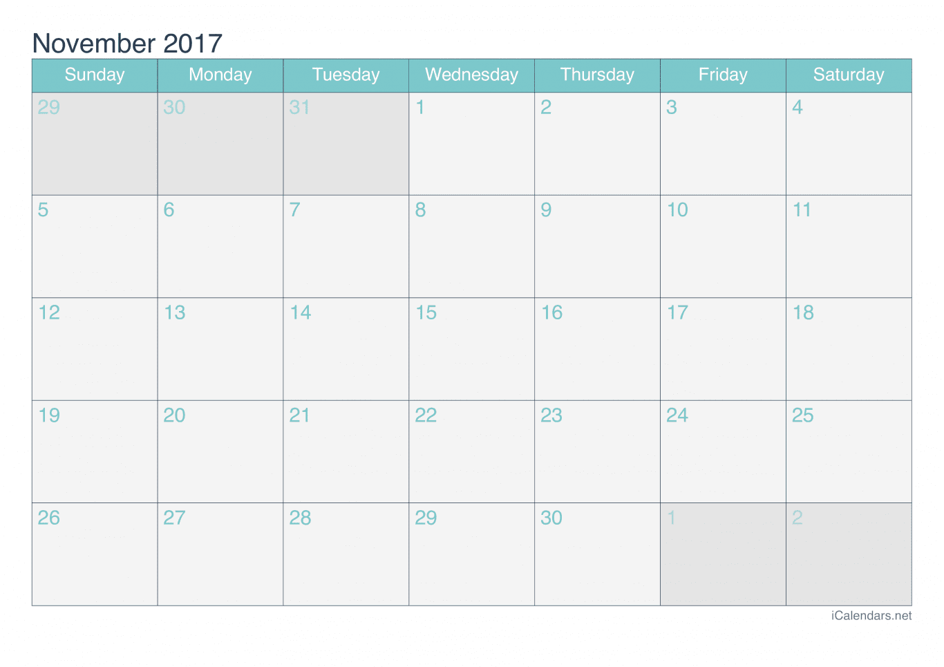 2017 November Calendar - Turquoise