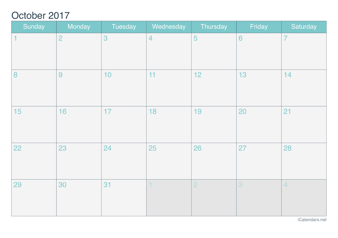 2017 October Calendar - Turquoise