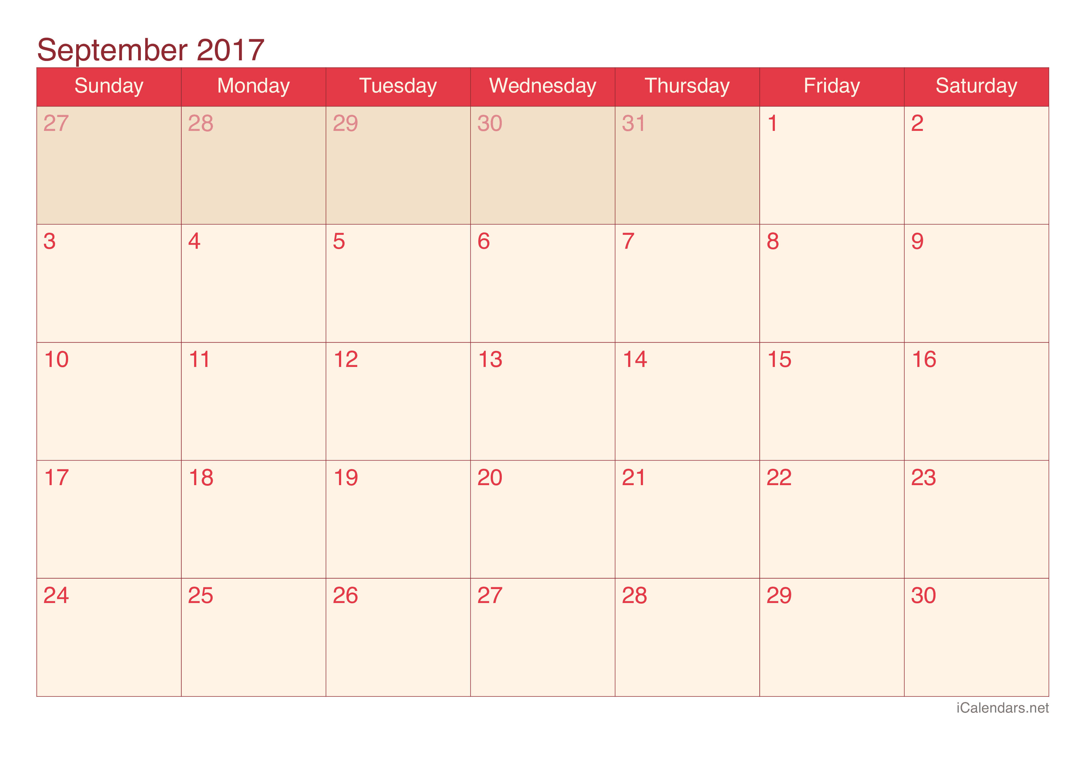 2017 September Calendar - Cherry