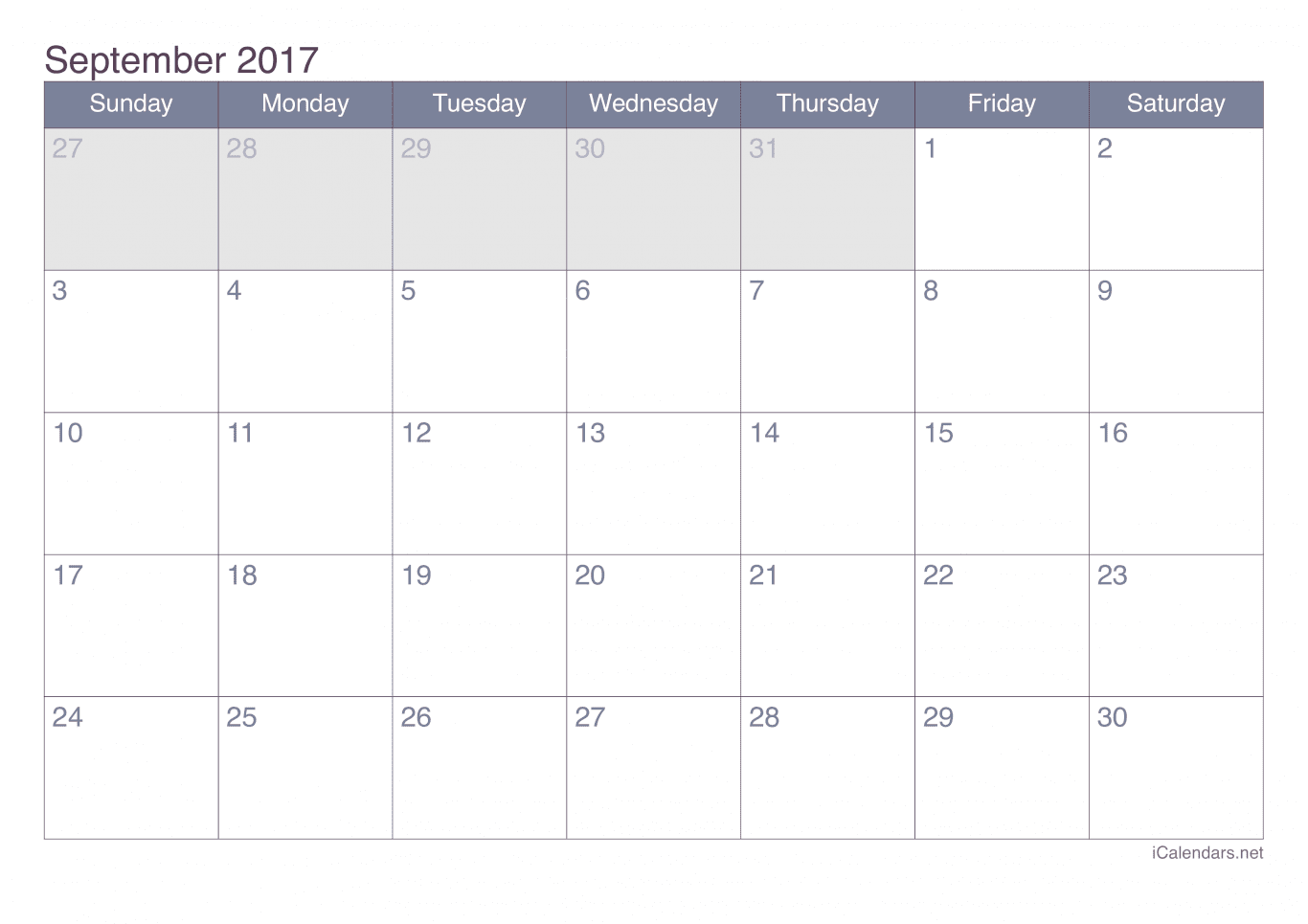 2017 September Calendar - Office