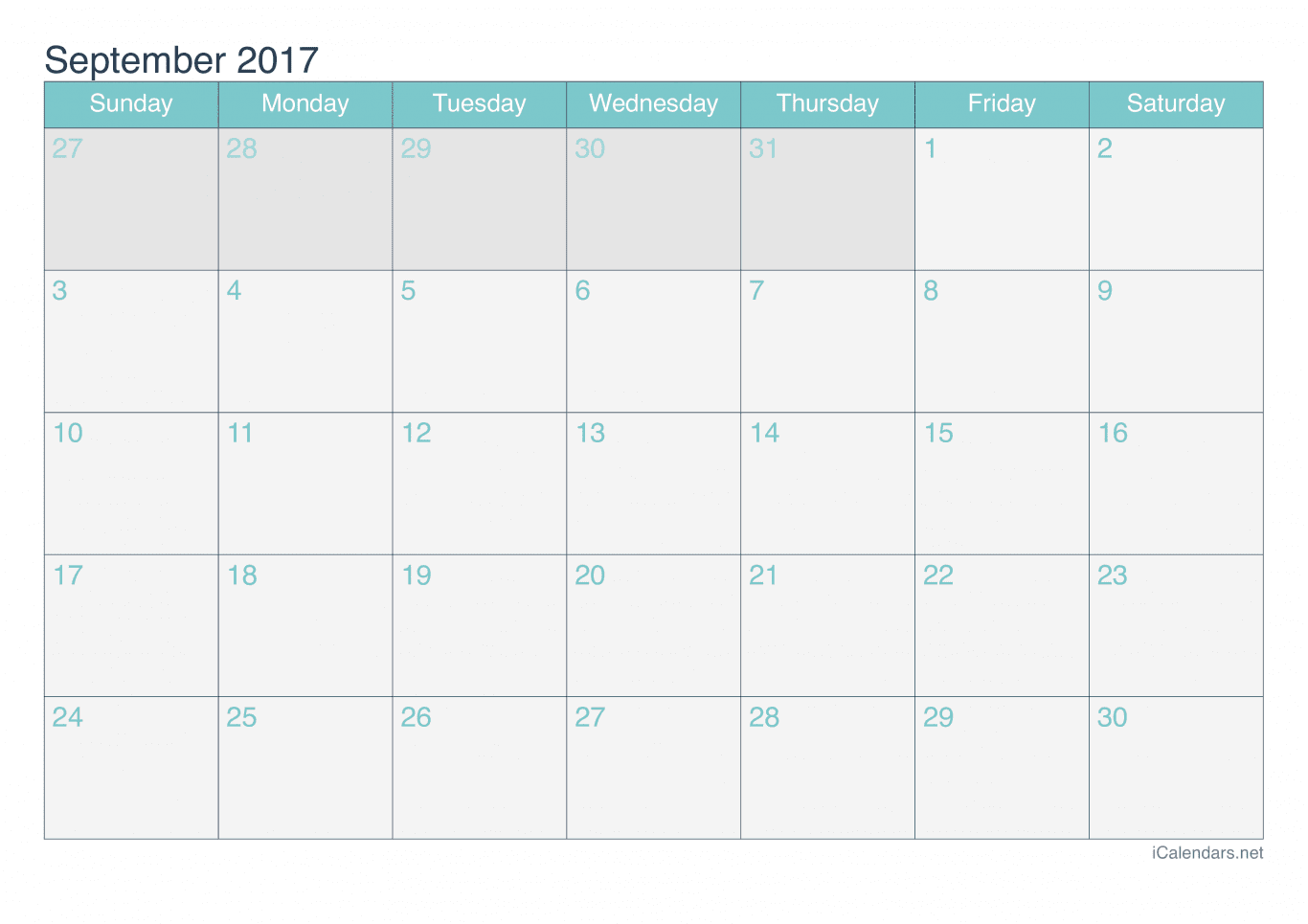 2017 September Calendar - Turquoise