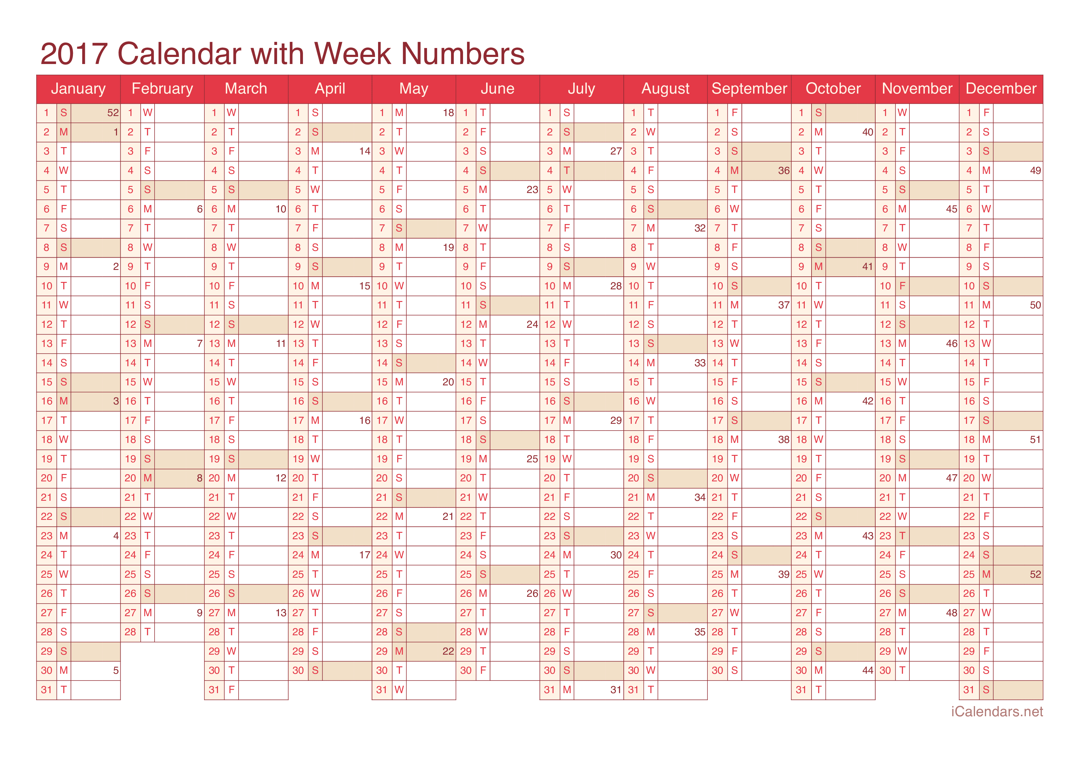 2017 Calendar with week numbers - Cherry