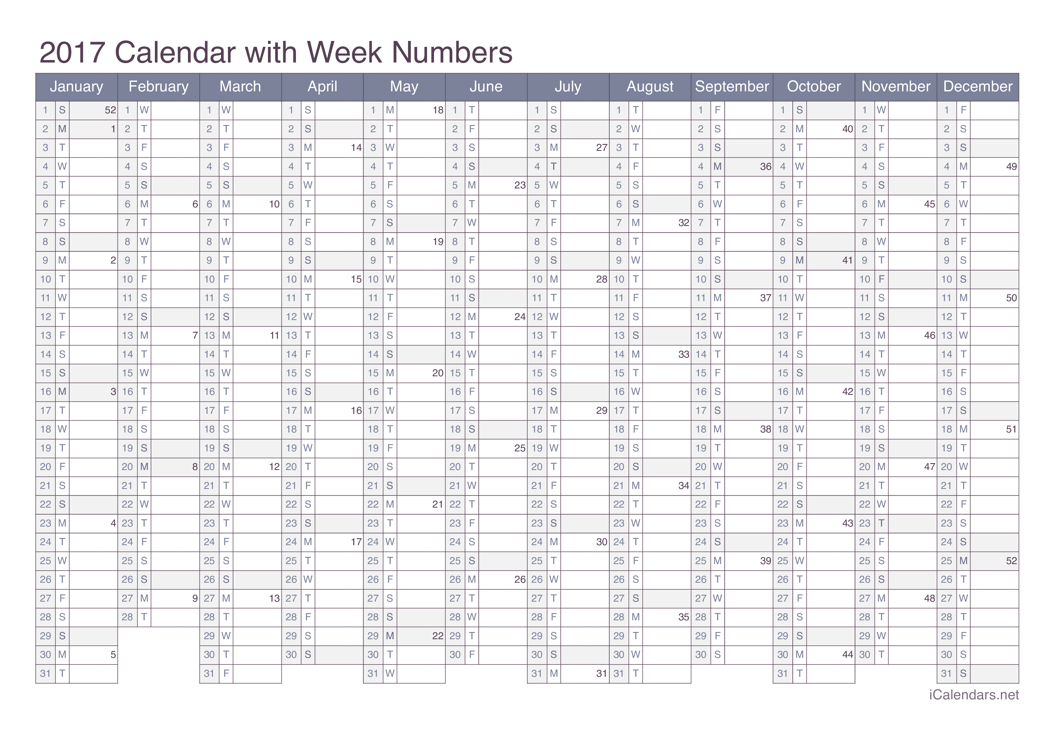 2017 Calendar with week numbers - Office