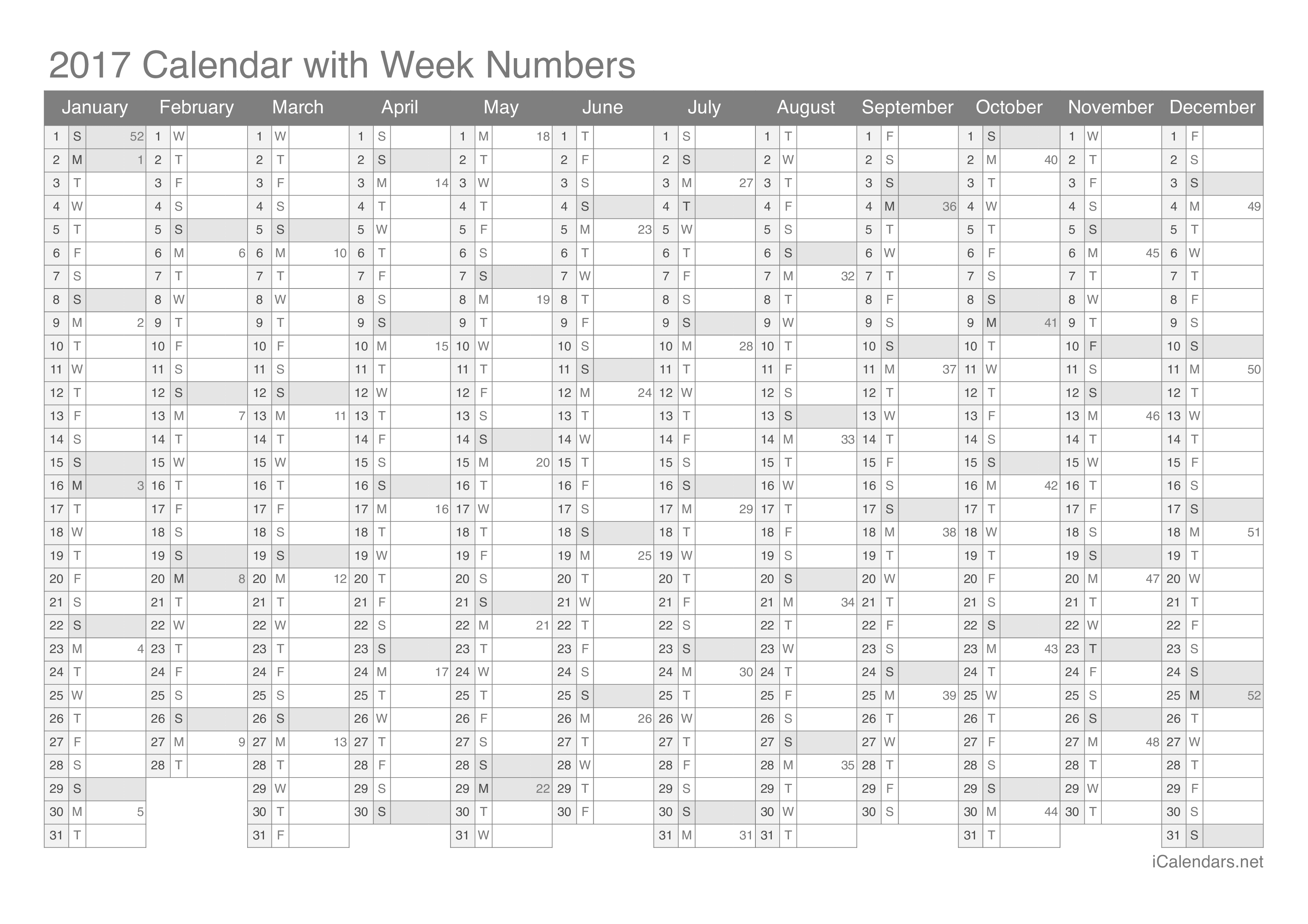2017 Calendar with week numbers