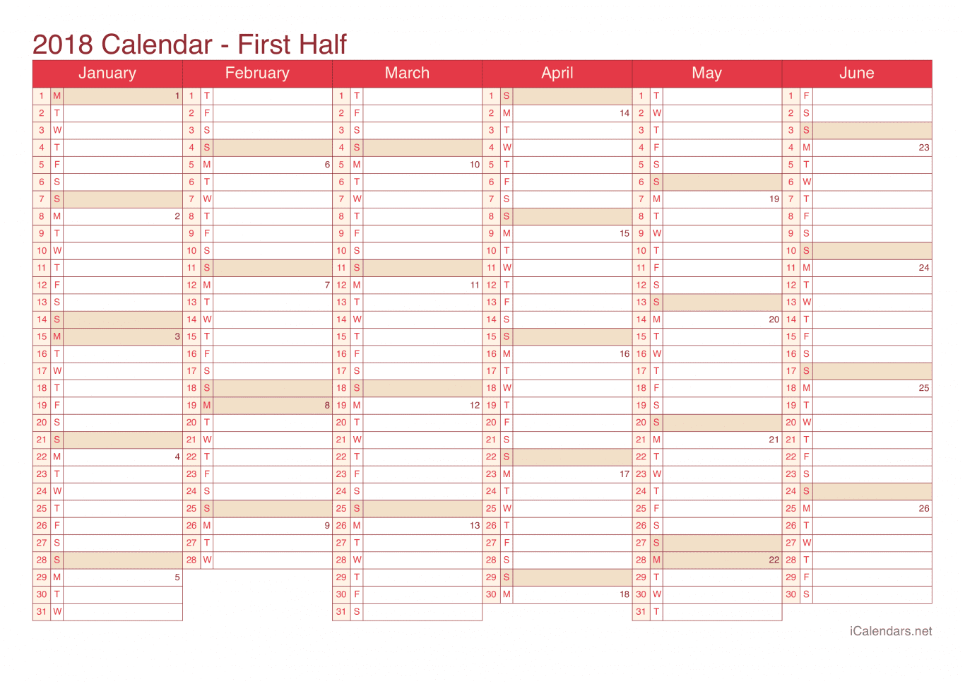 2018 Half year calendar with week numbers - Cherry