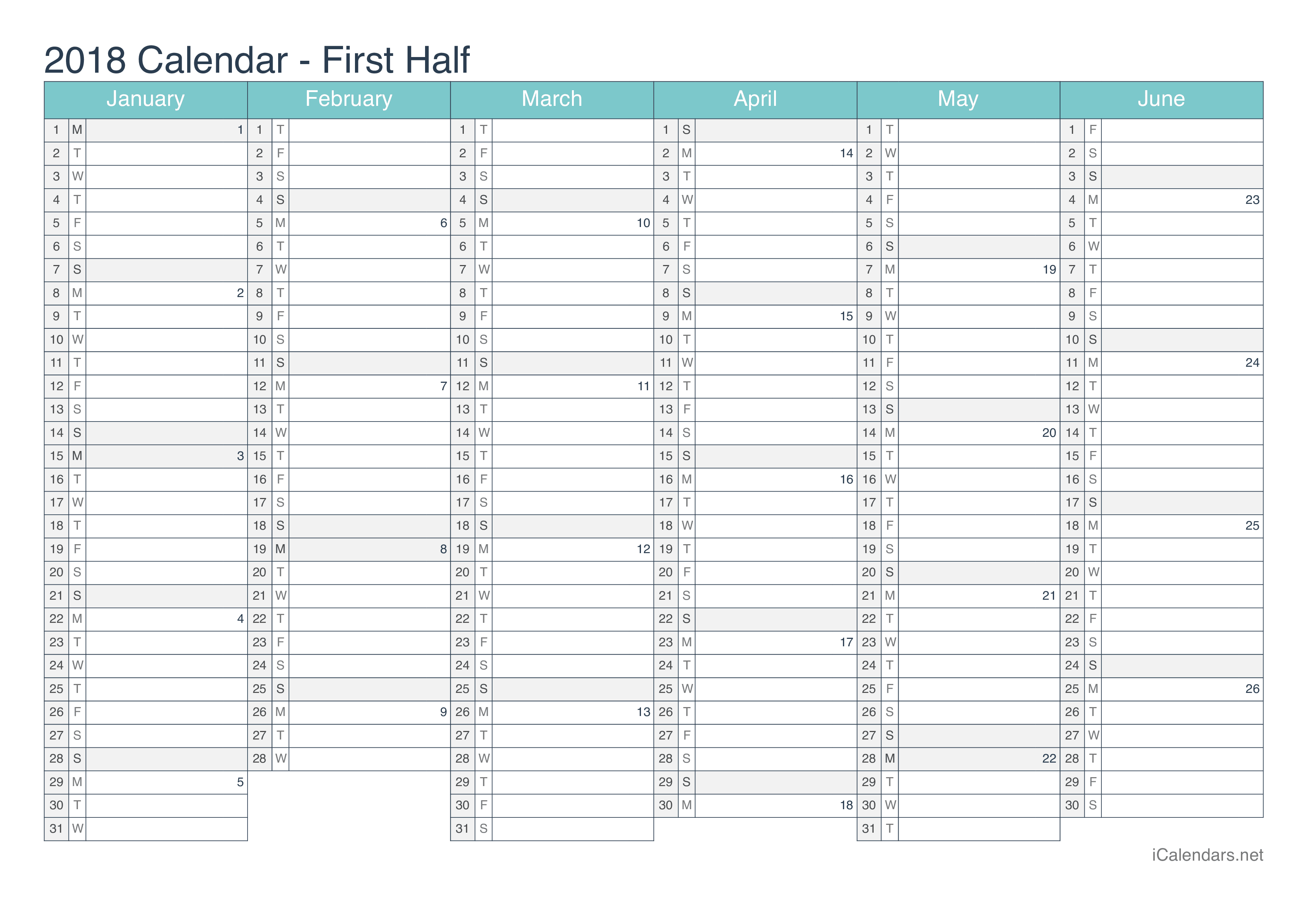 2018 Half year calendar with week numbers - Turquoise