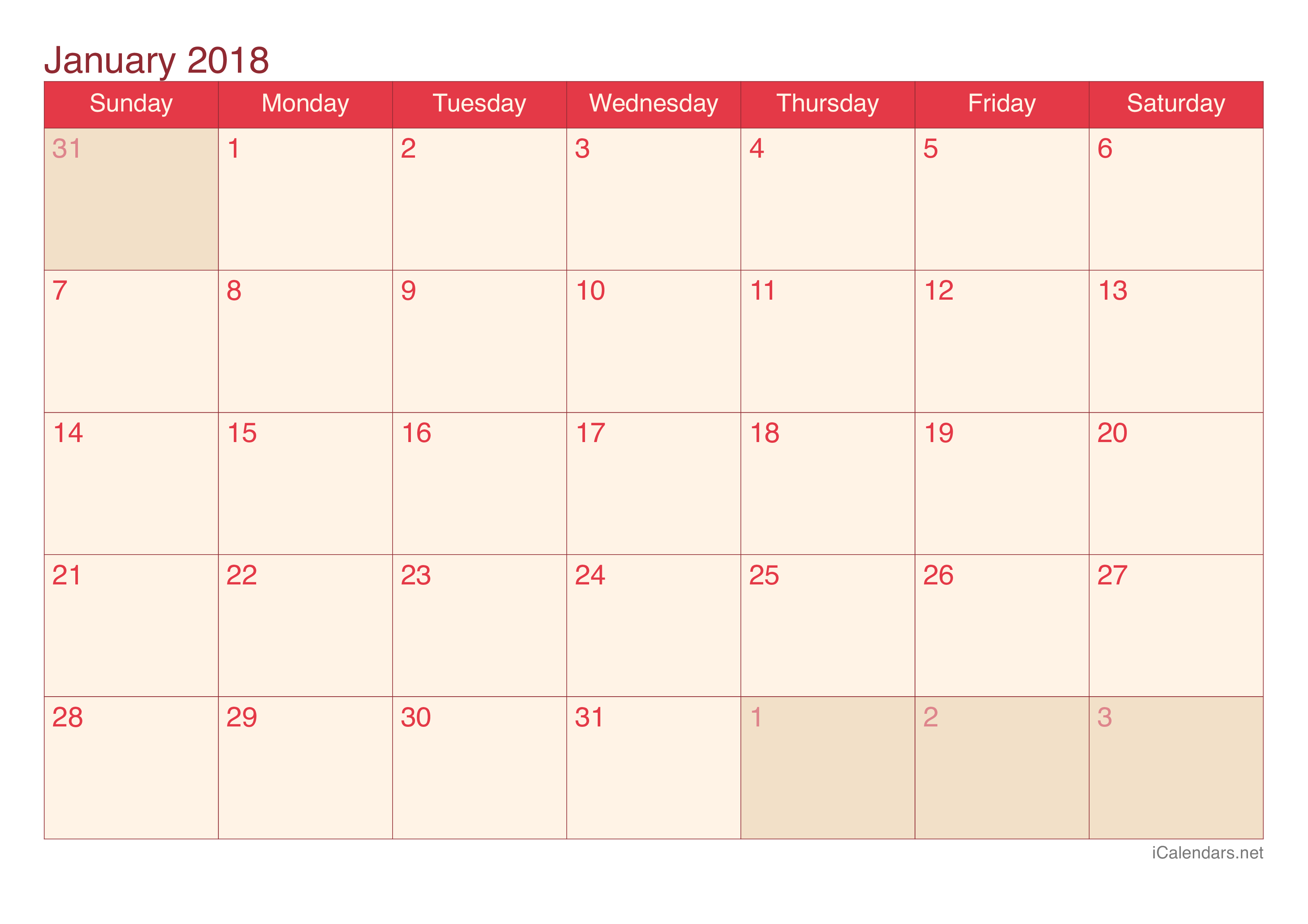 2018 Monthly Calendar - Cherry