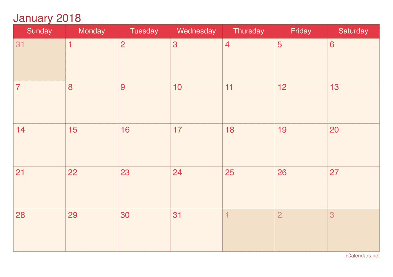 2018 Monthly Calendar - Cherry