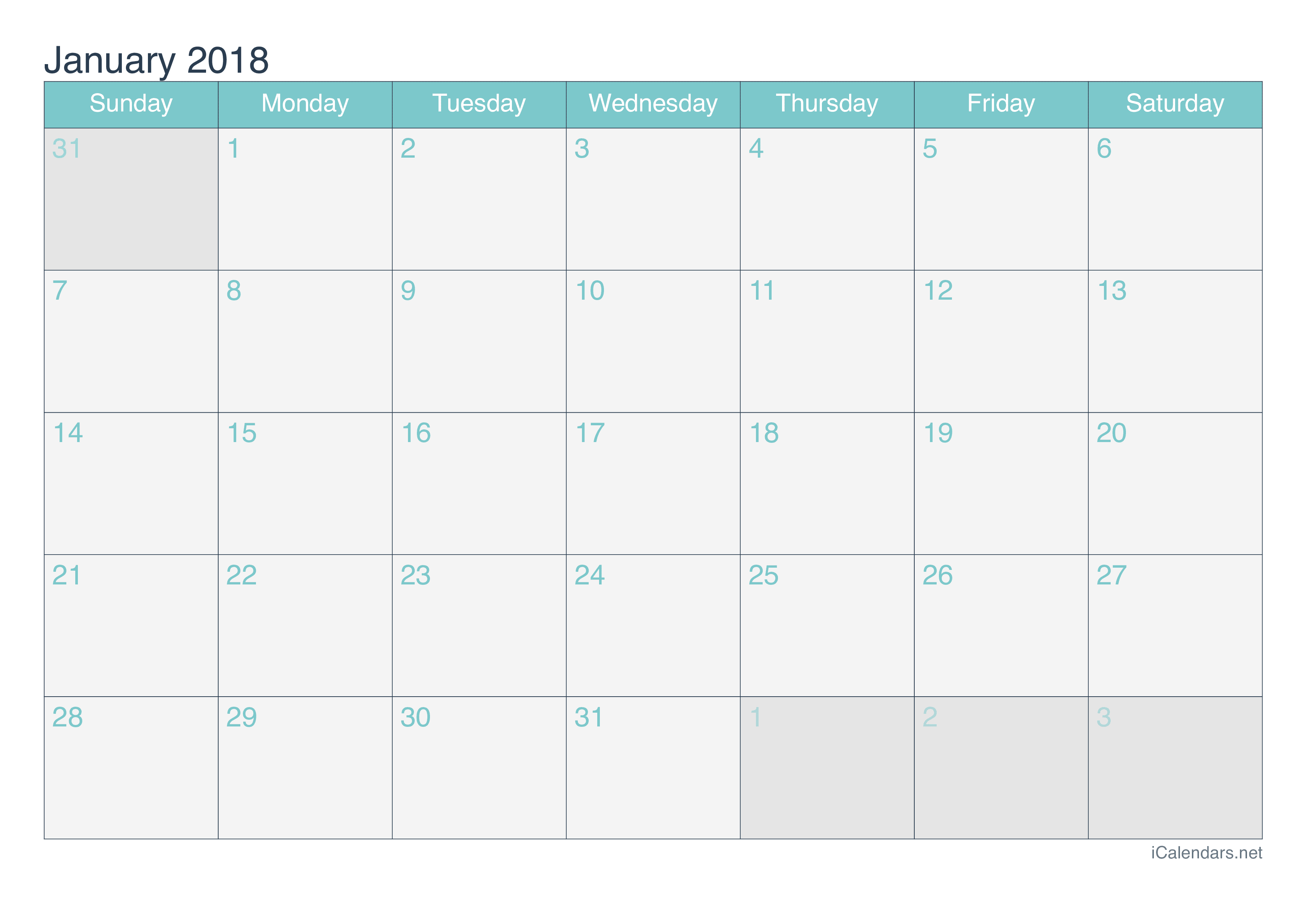 2018 Monthly Calendar - Turquoise