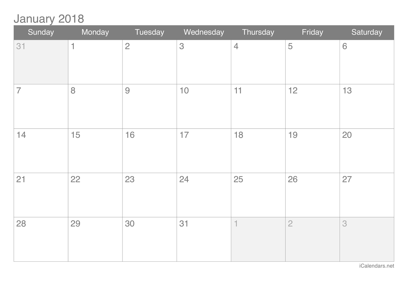 2018 Monthly Calendar