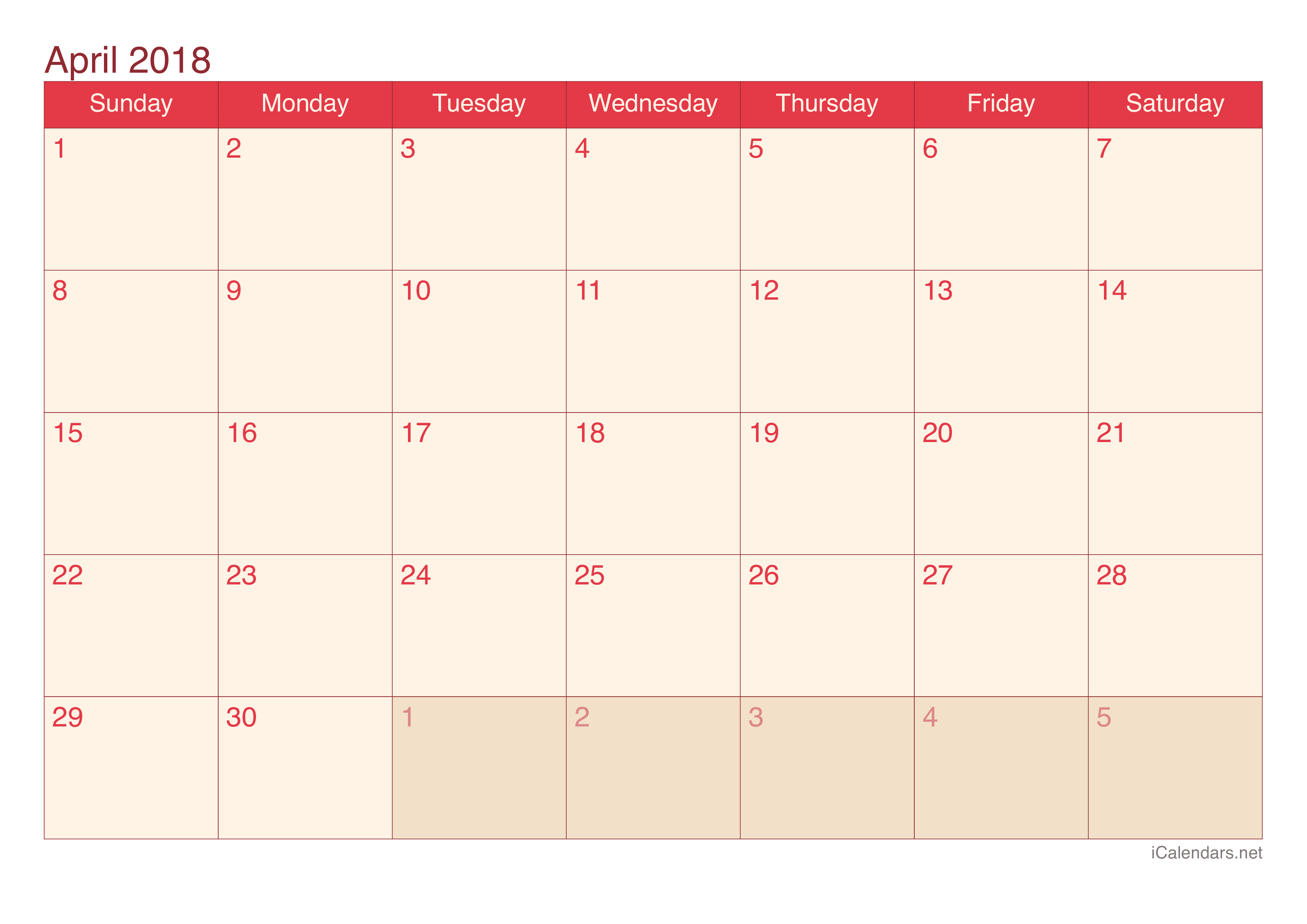 2018 April Calendar - Cherry