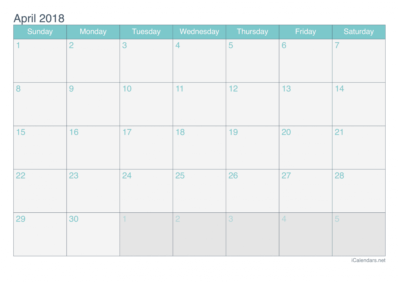 2018 April Calendar - Turquoise