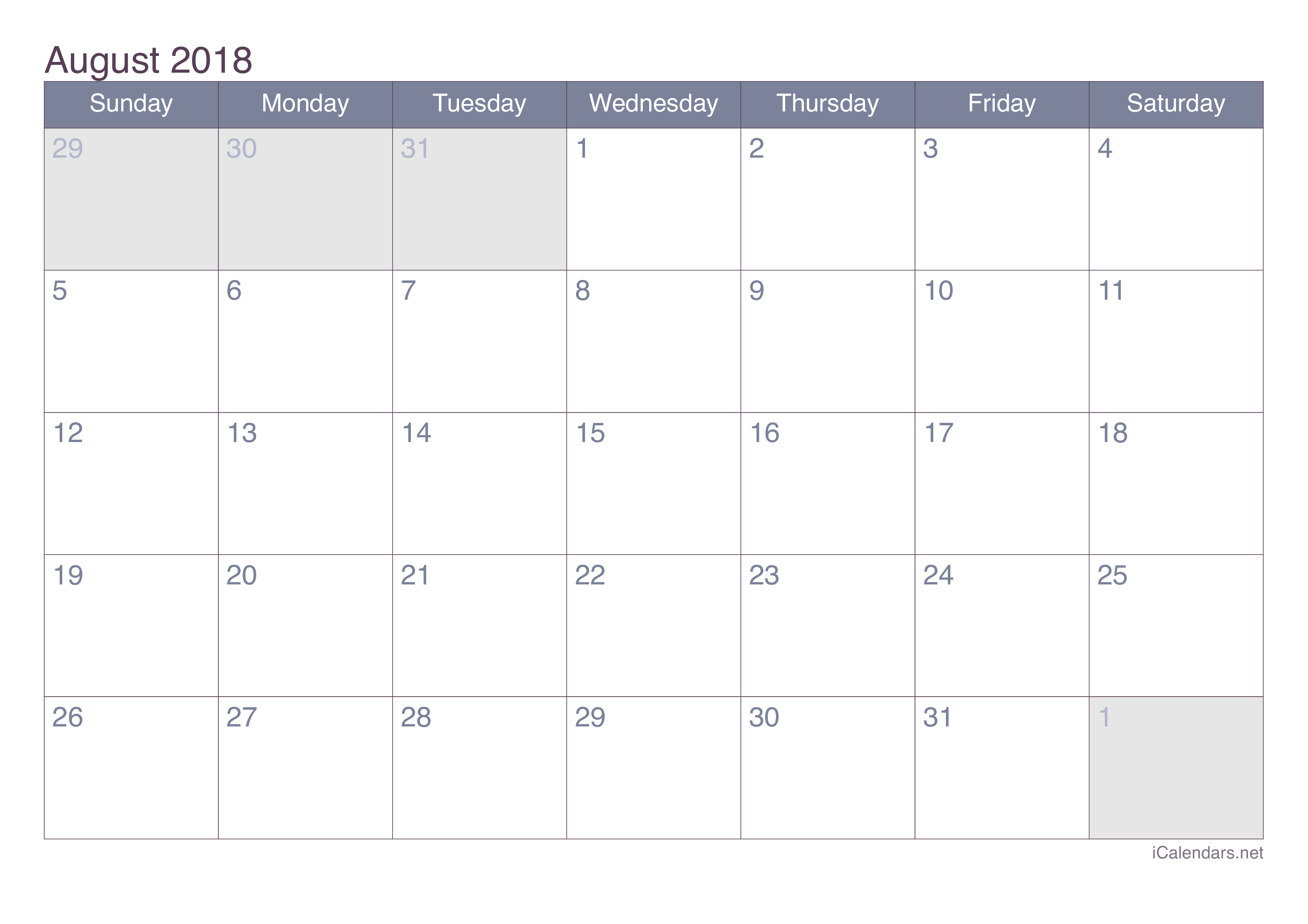 2018 August Calendar - Office