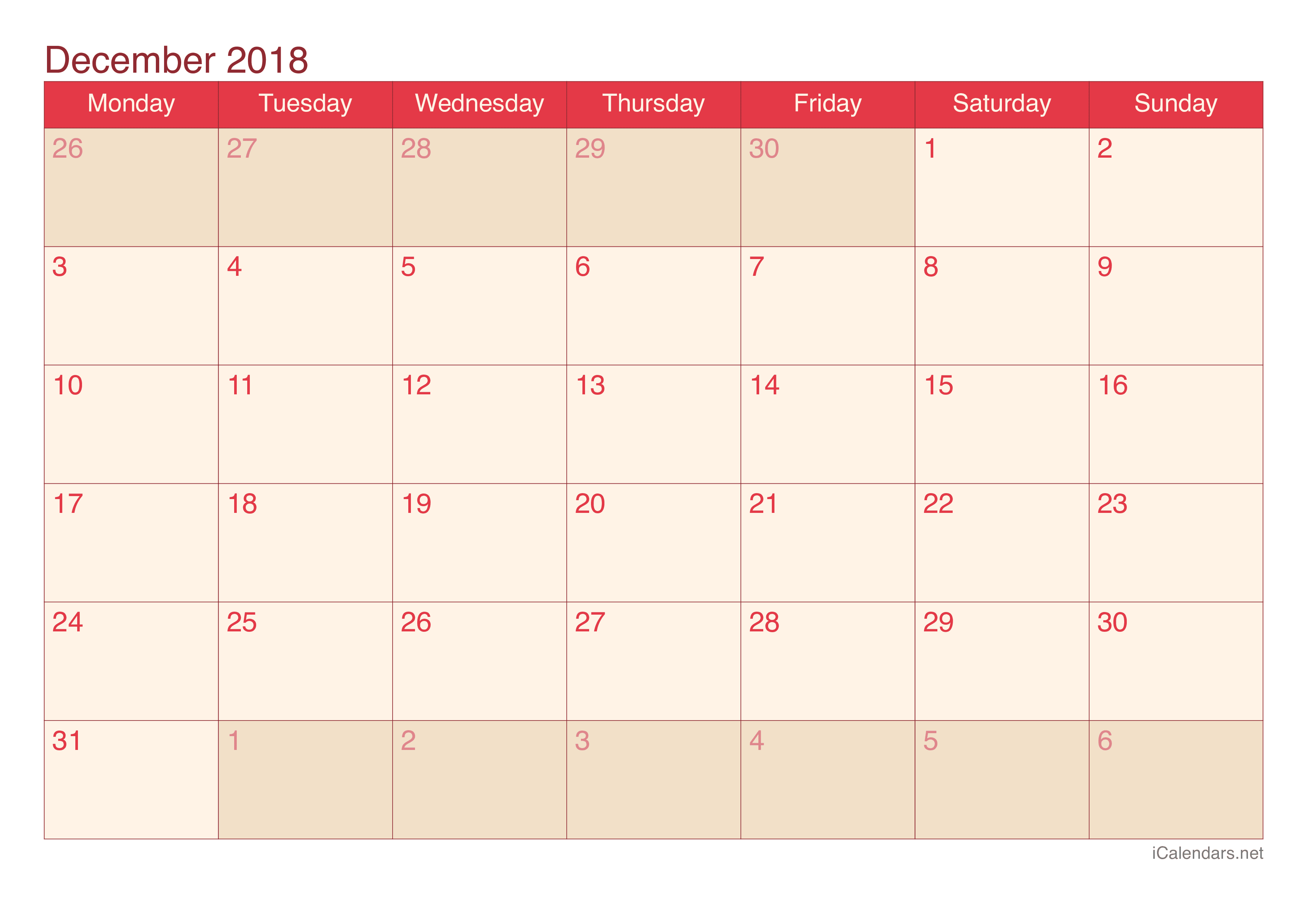 2018 December Calendar - Cherry