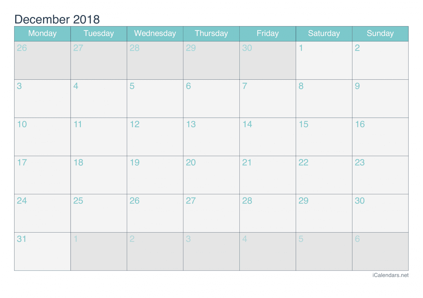 2018 December Calendar - Turquoise