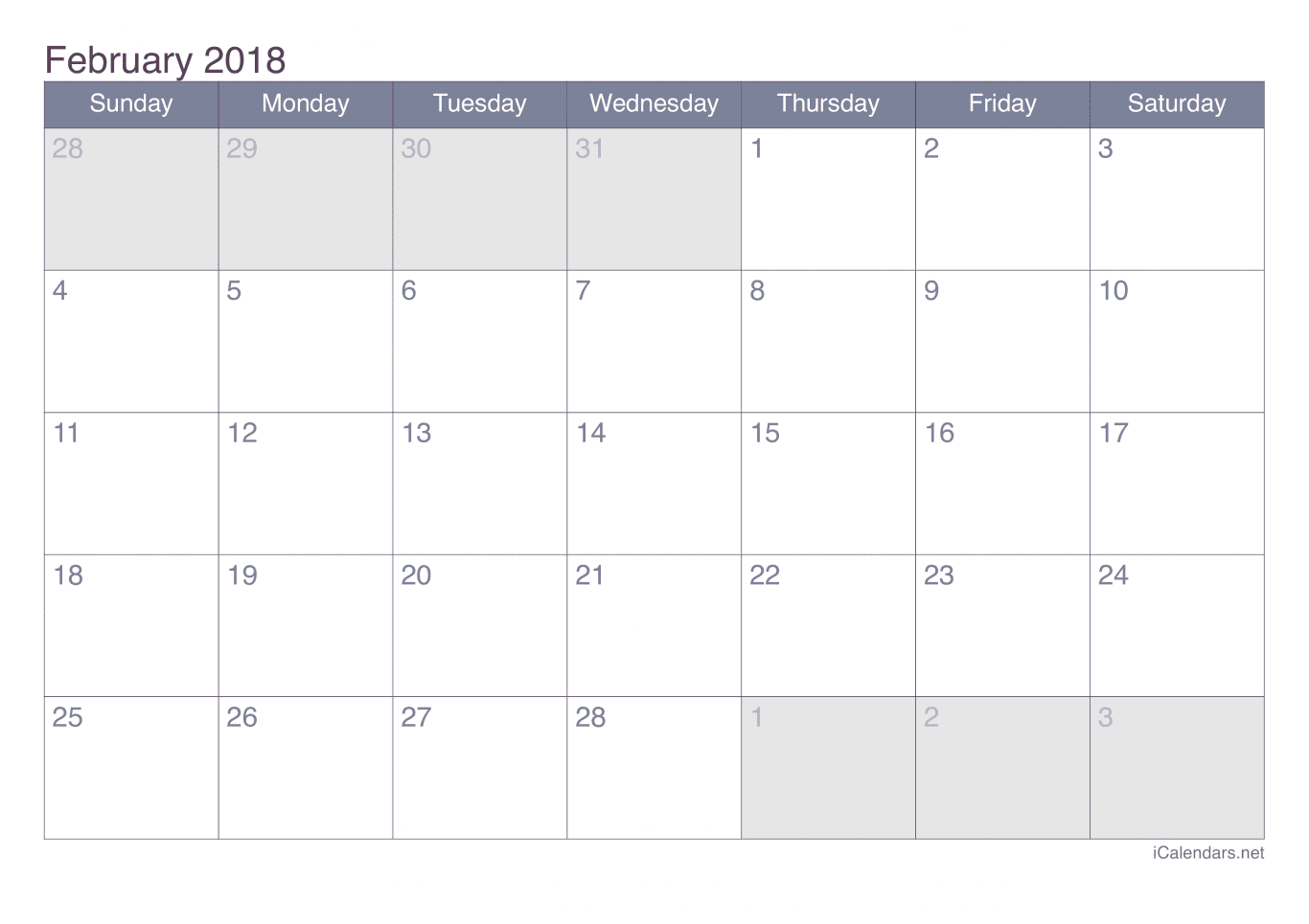 2018 February Calendar - Office