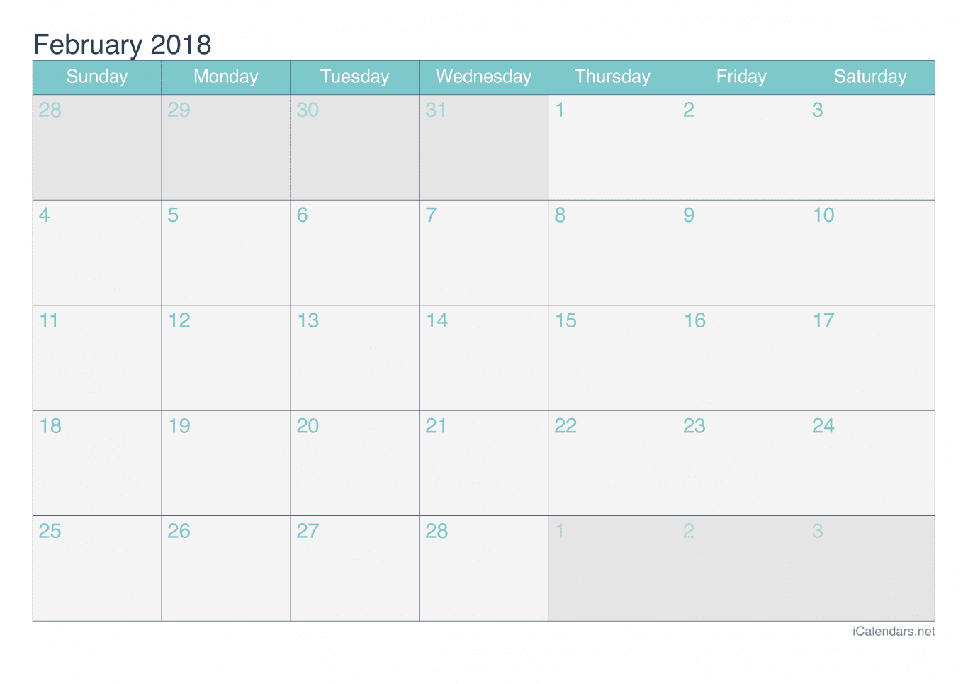 2018 February Calendar - Turquoise