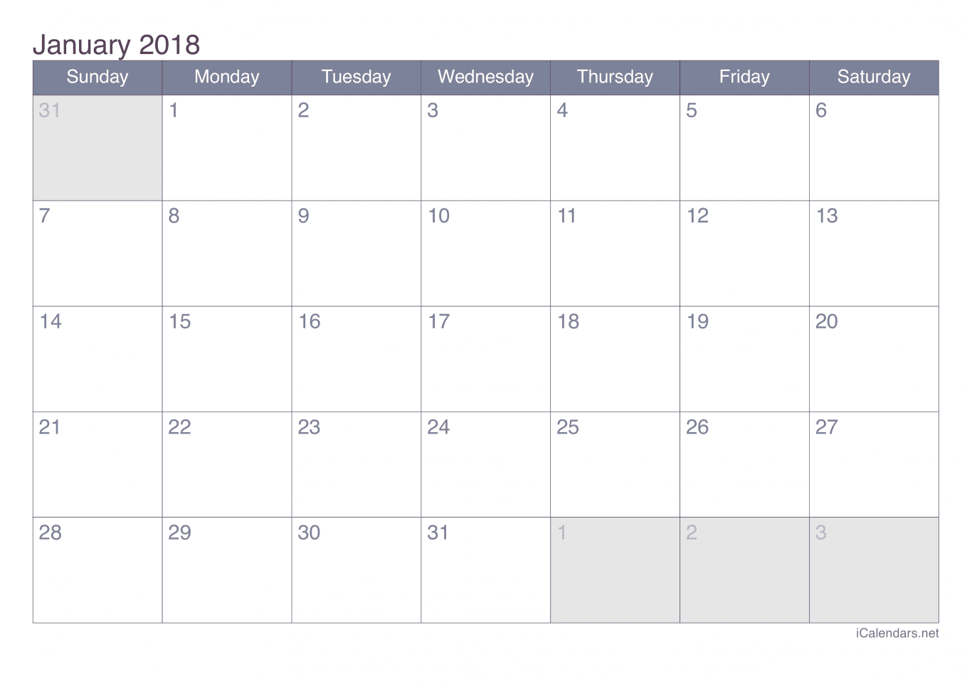 2018 January Calendar - Office