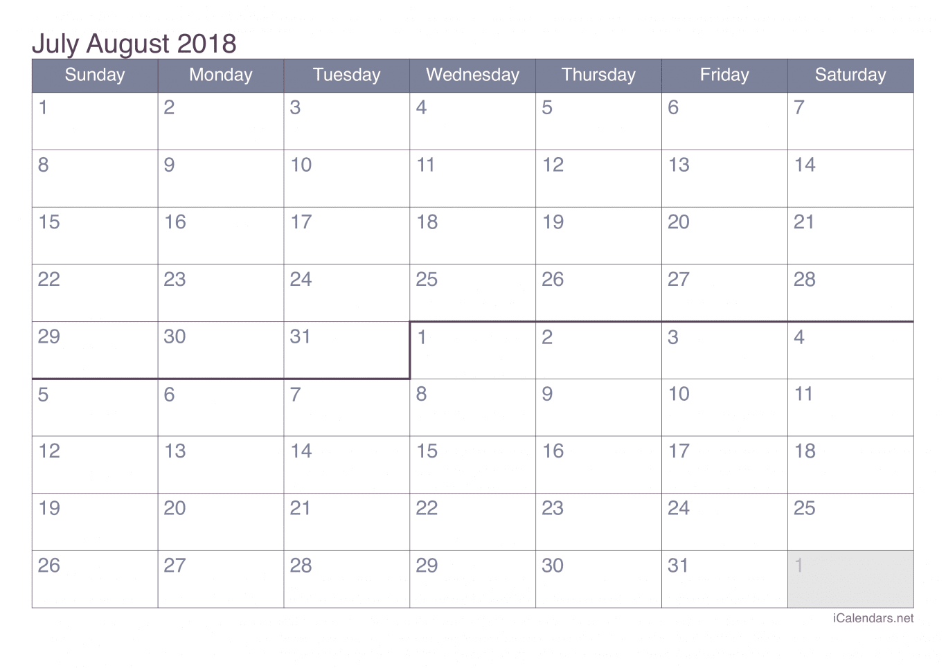 2018 July August Calendar - Office