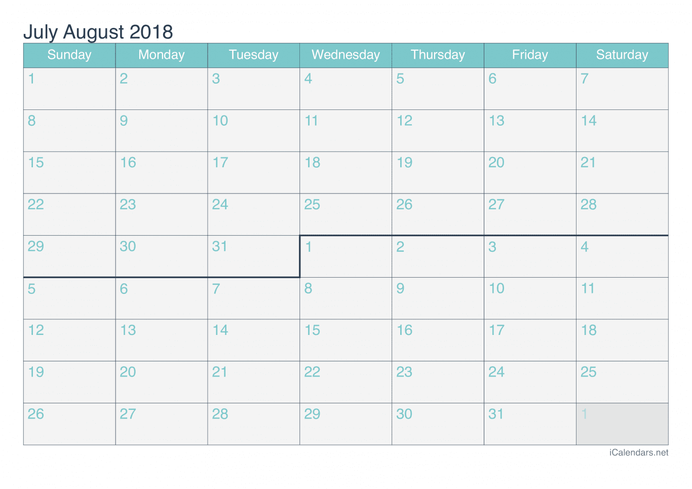 2018 July August Calendar - Turquoise