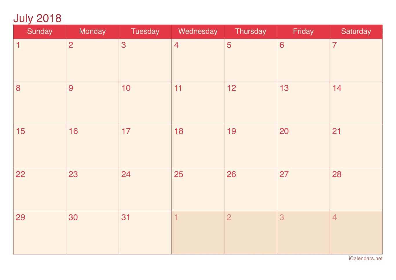 2018 July Calendar - Cherry