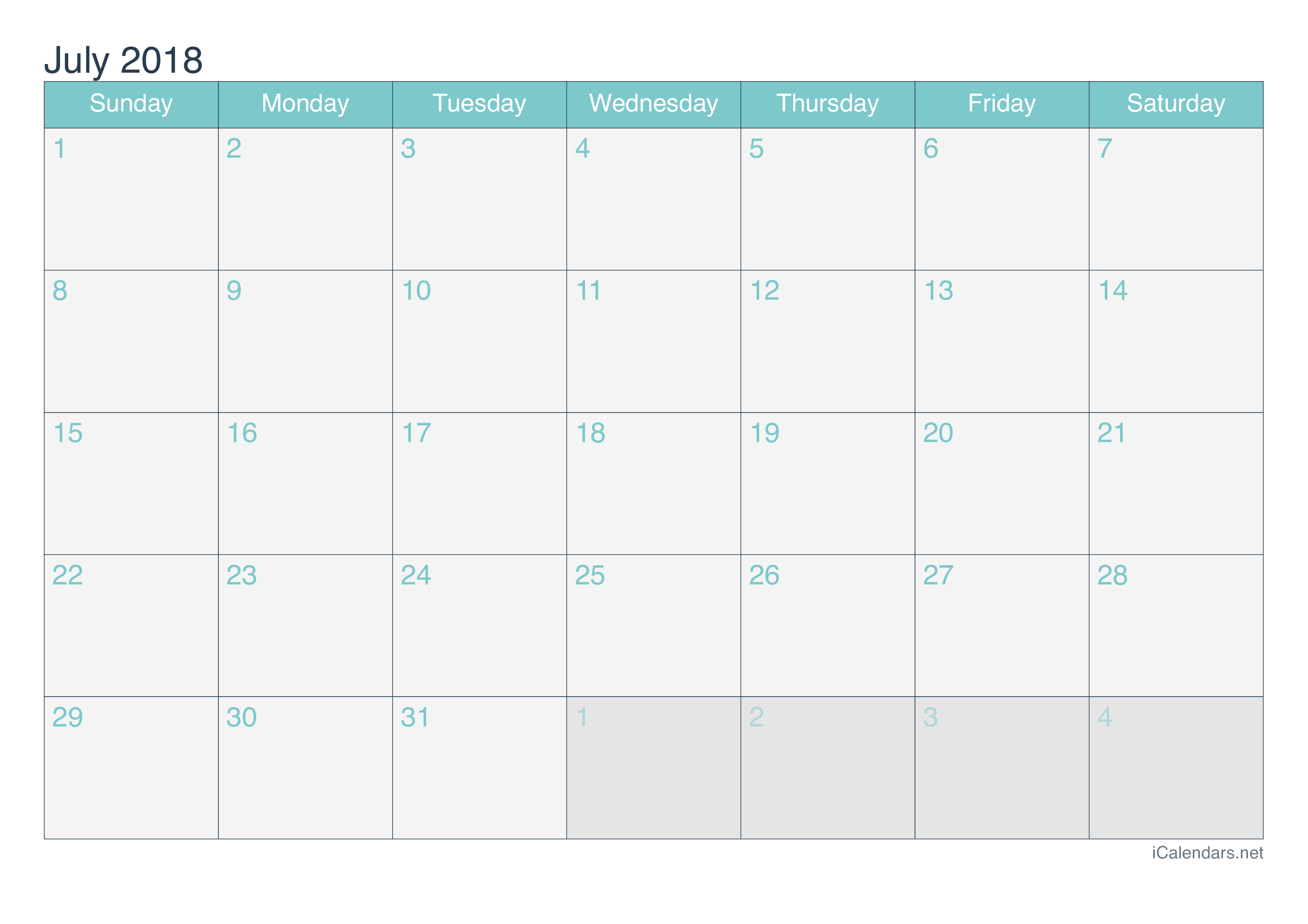 2018 July Calendar - Turquoise