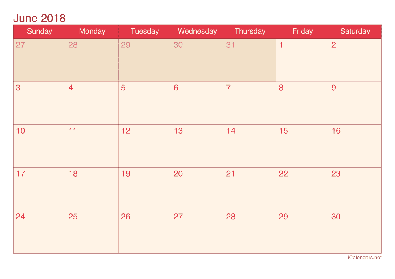 2018 June Calendar - Cherry