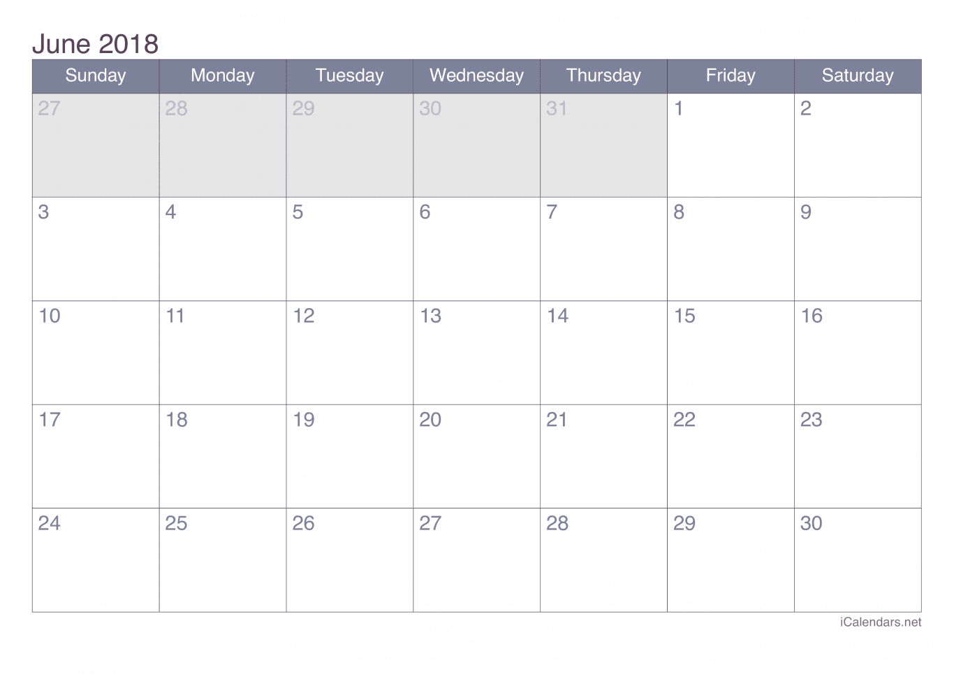 2018 June Calendar - Office