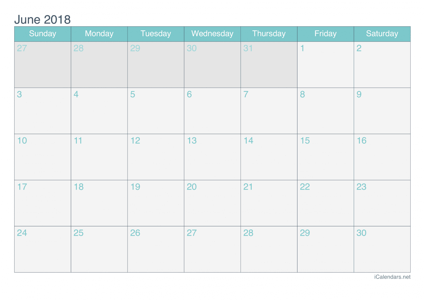 2018 June Calendar - Turquoise