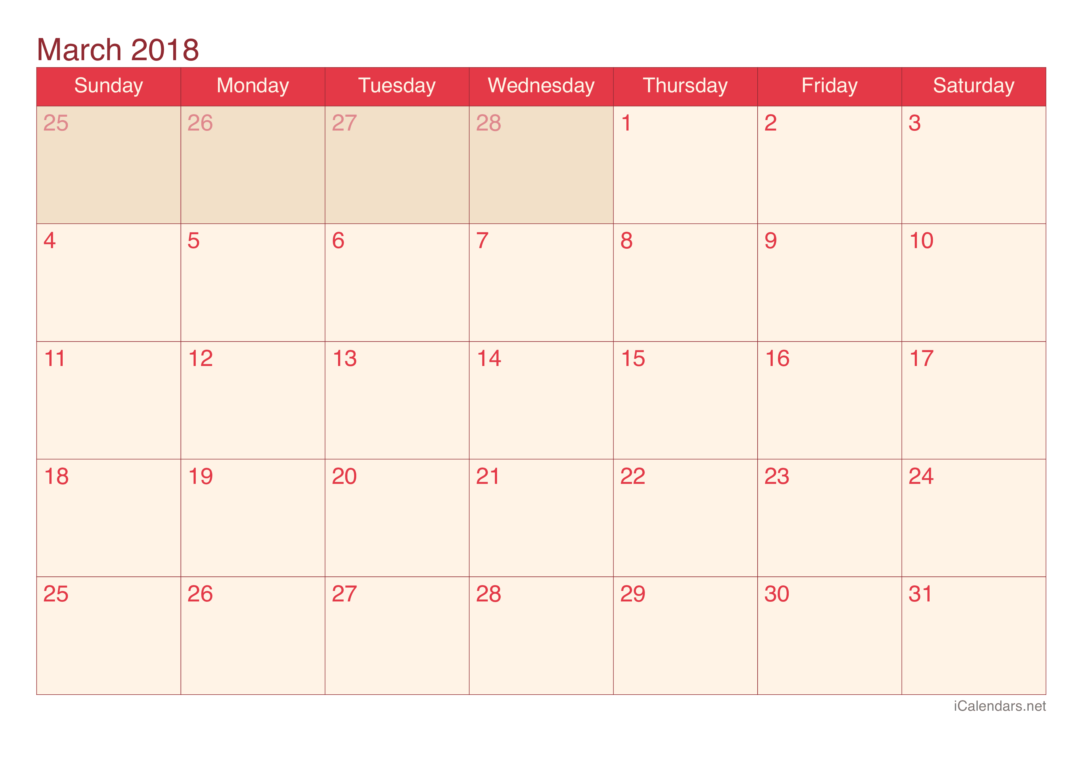 2018 March Calendar - Cherry