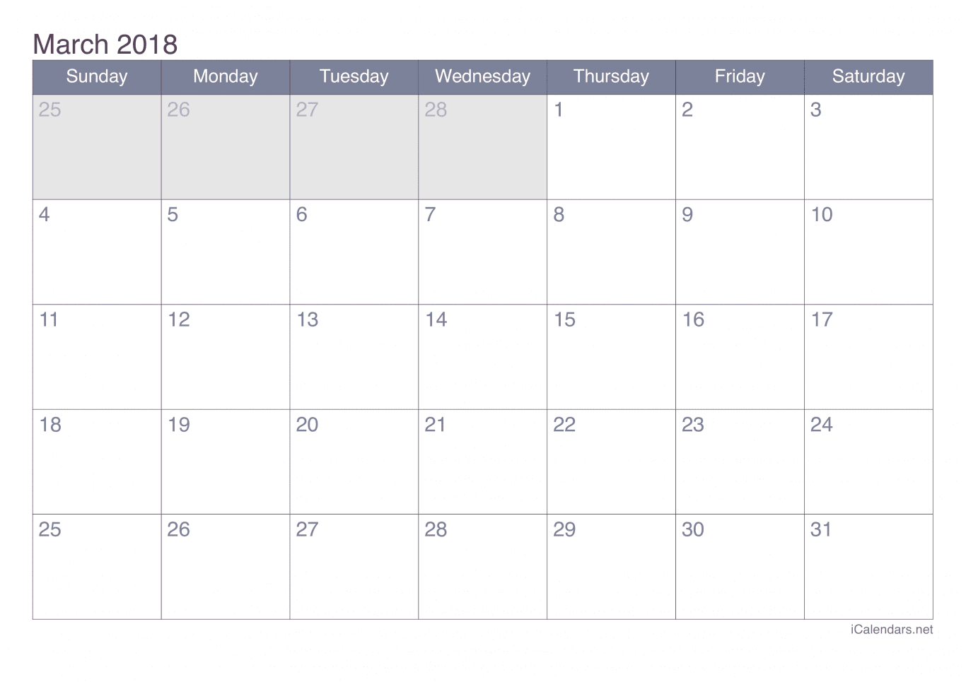 2018 March Calendar - Office
