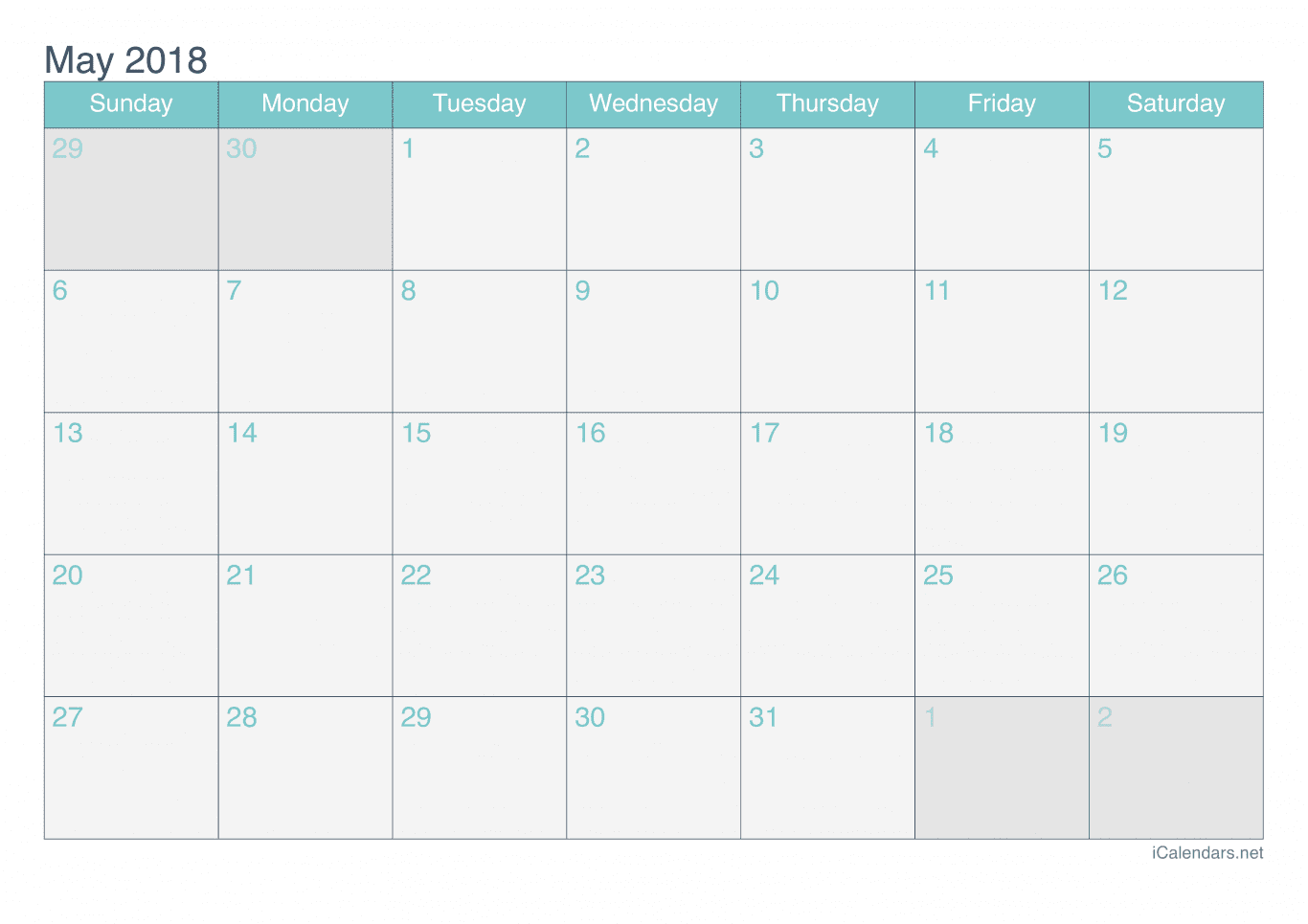 2018 May Calendar - Turquoise