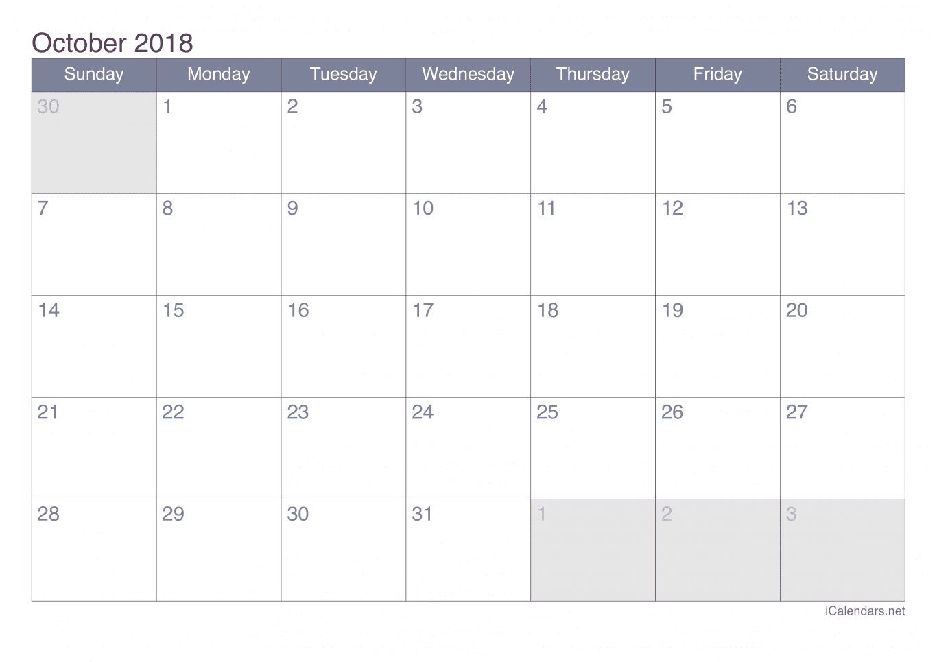 2018 October Calendar - Office