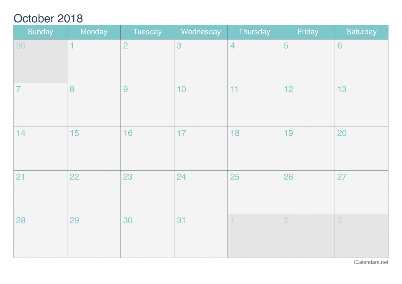 2018 October Calendar - Turquoise