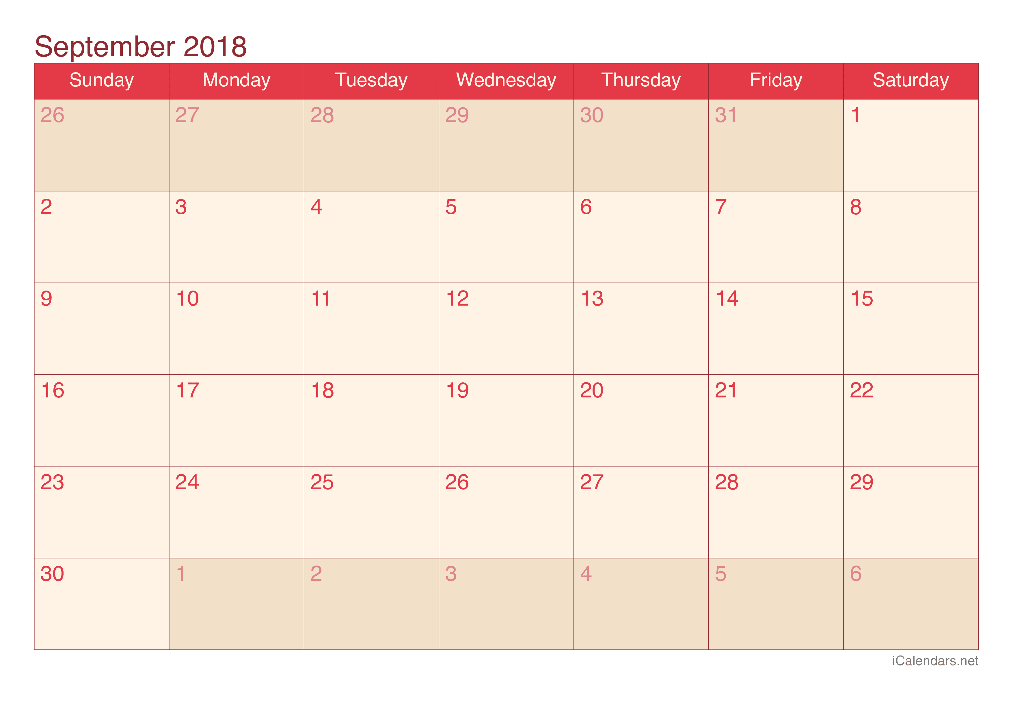 2018 September Calendar - Cherry