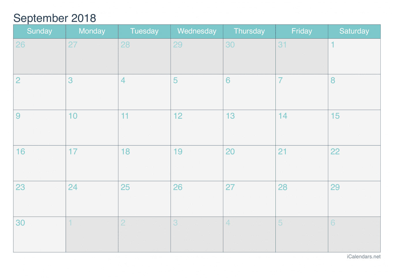 2018 September Calendar - Turquoise