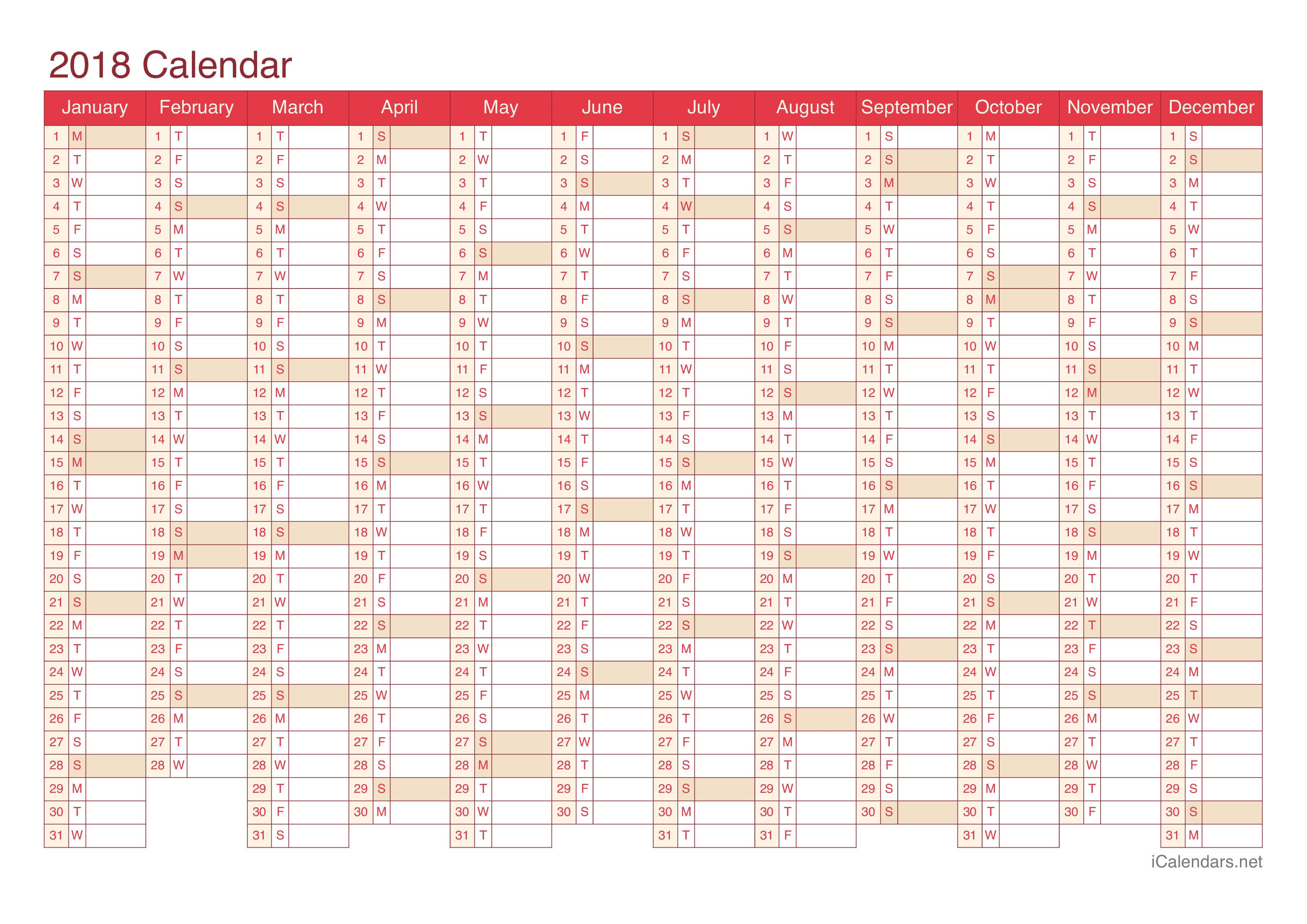 2018 Calendar - Cherry