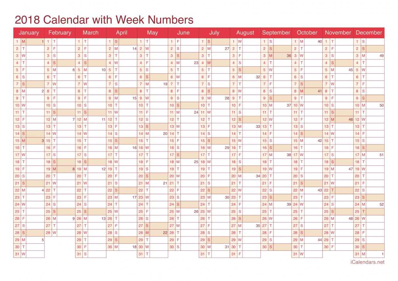 2018 Calendar with week numbers - Cherry