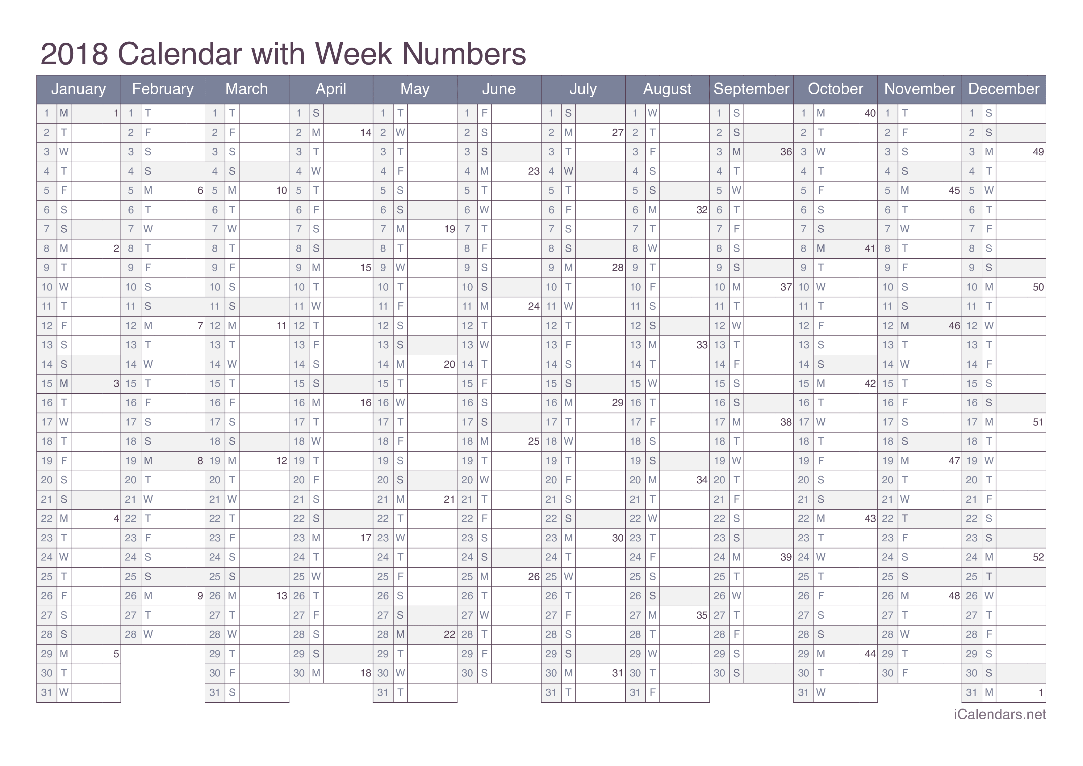 2018 Calendar with week numbers - Office