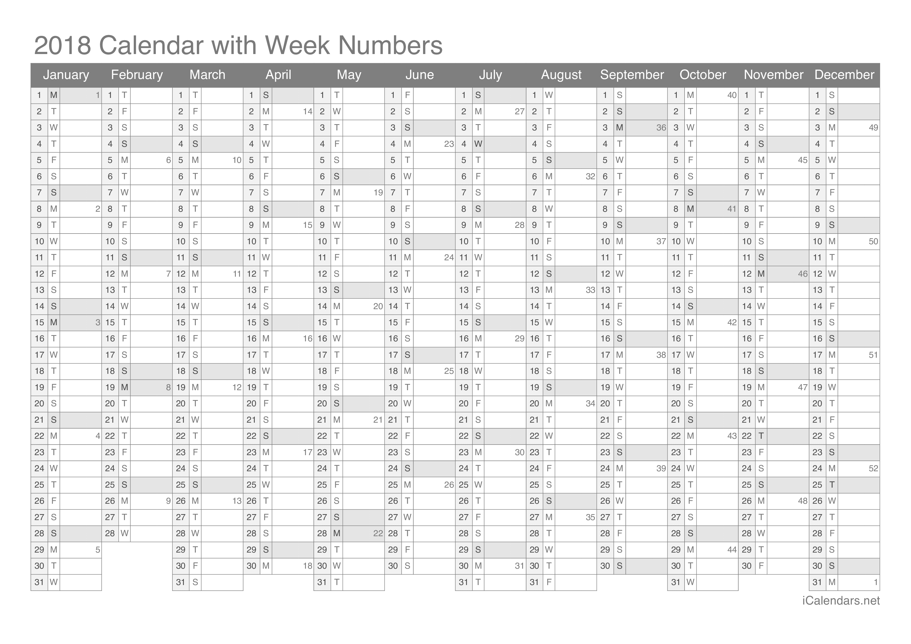 2018 Calendar with week numbers